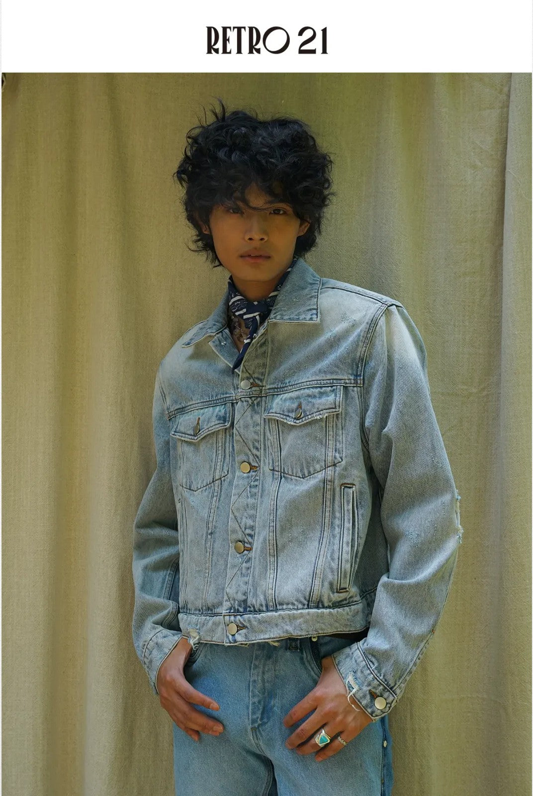 Retro 21 Distressed Denim Jacket with Shoulder Pads in Blue
