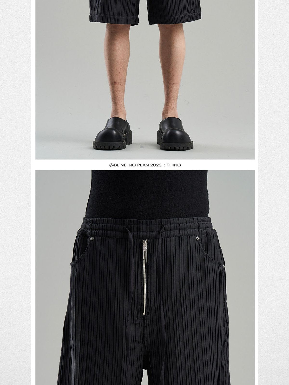 BLINDNOPLAN Textured Rivet Detail Shorts in Black - On Model