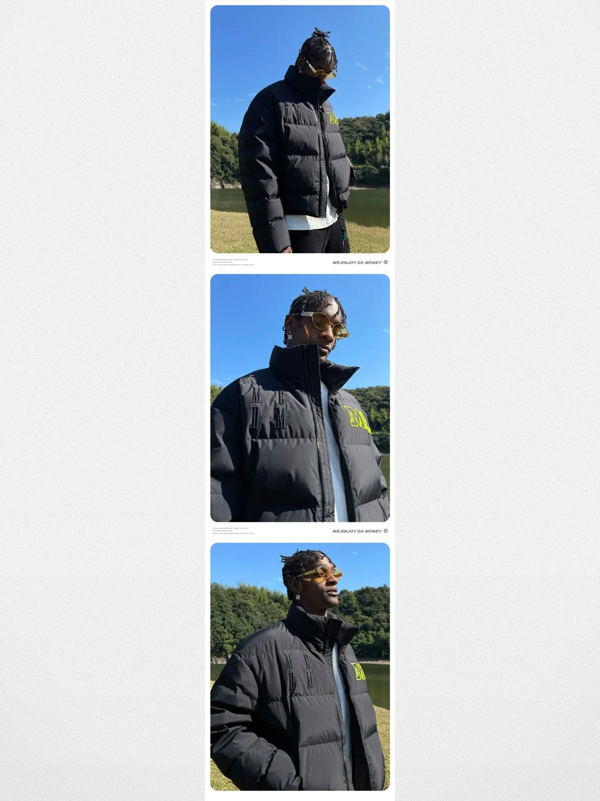 MEDM Embroidered Down Puffer Jacket in Black - On Male Model