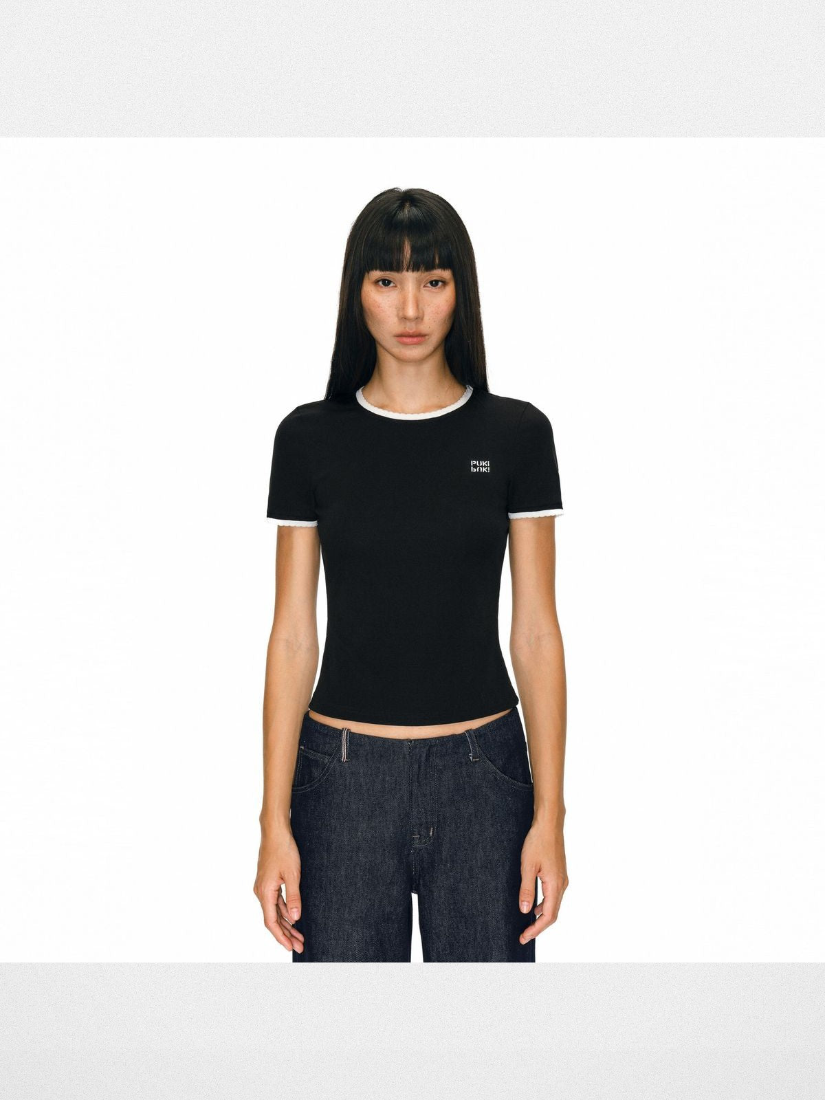 PUKI Contrast Trim Slim T Shirt in Black - On Model