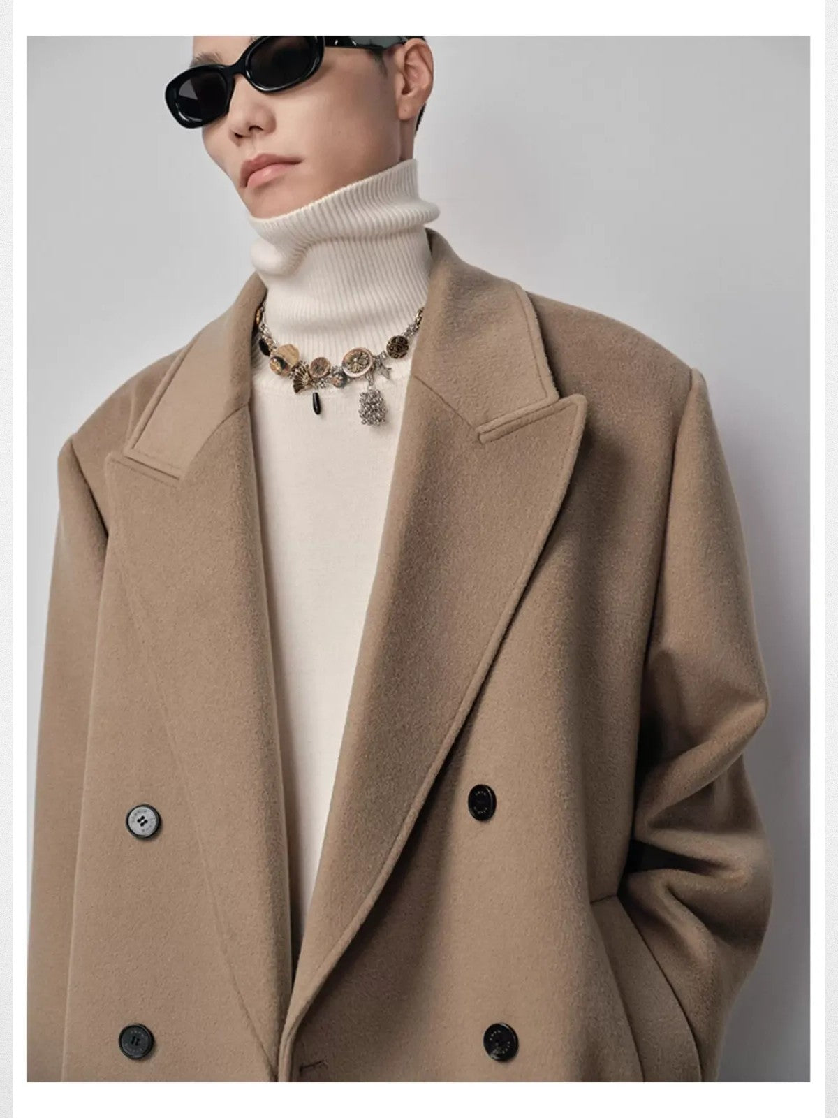 NANS Wool Double Breasted Peak Lapel Coat in Beige