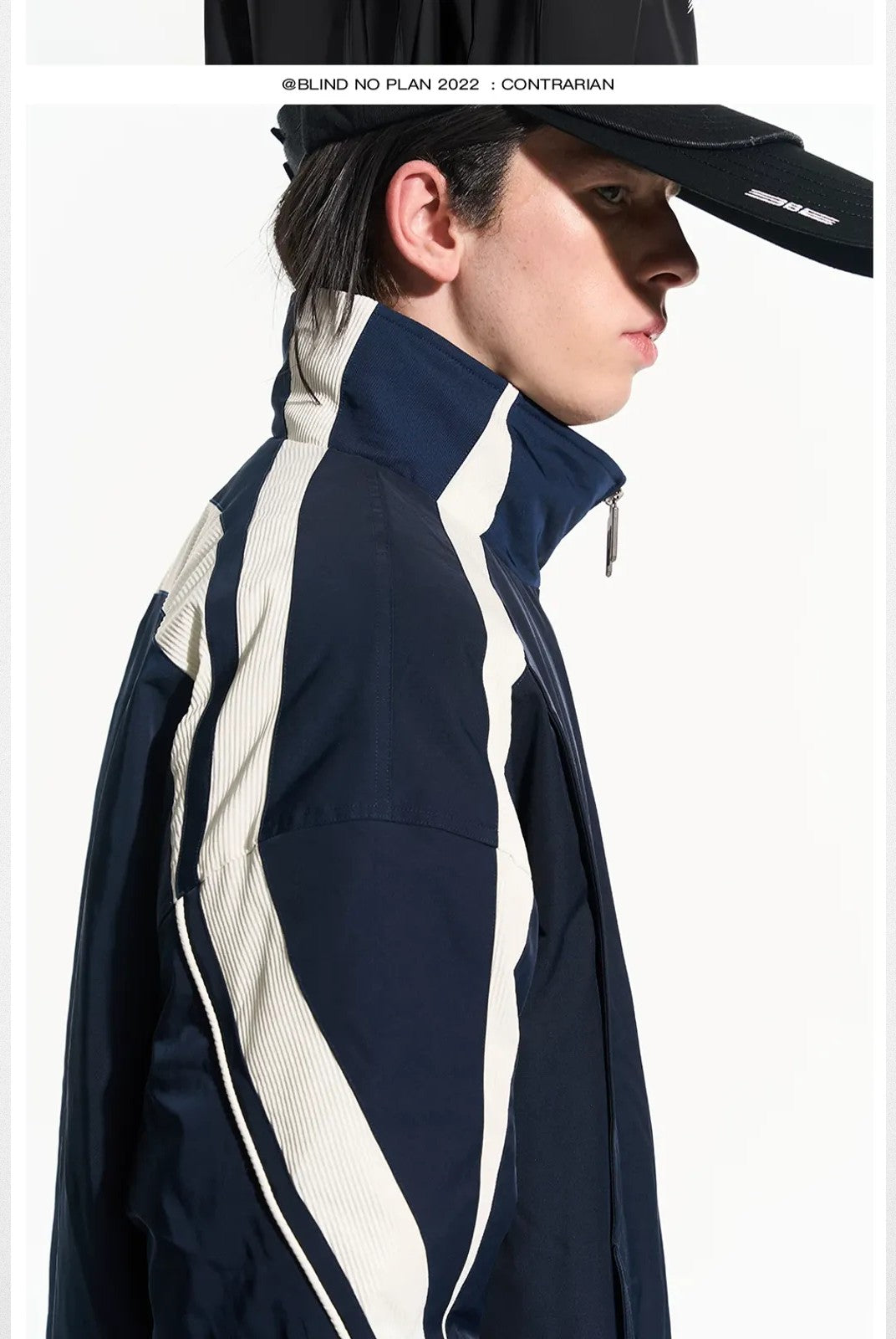 BLINDNOPLAN Color Block Padded Track Jacket in Navy Blue - On Model