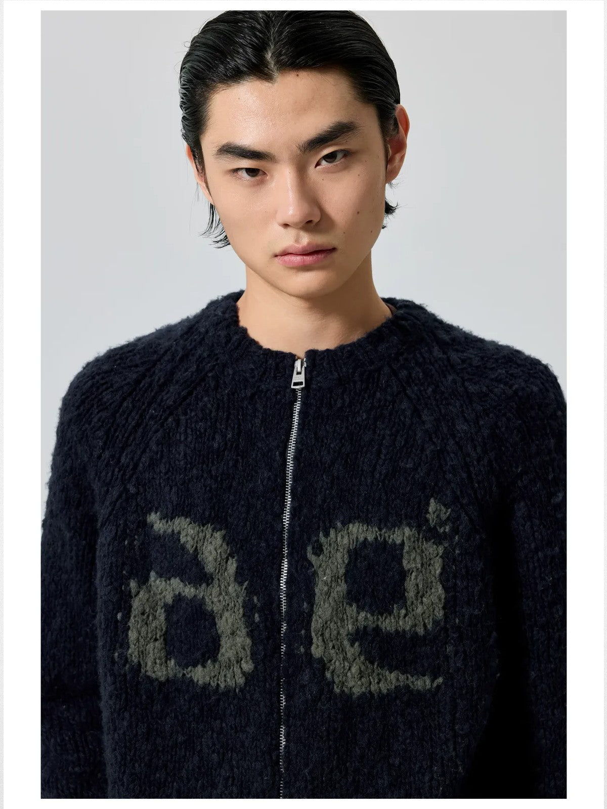 Simple Project Color Block Wool Blend Zip Cardigan in Gray - On Male Model