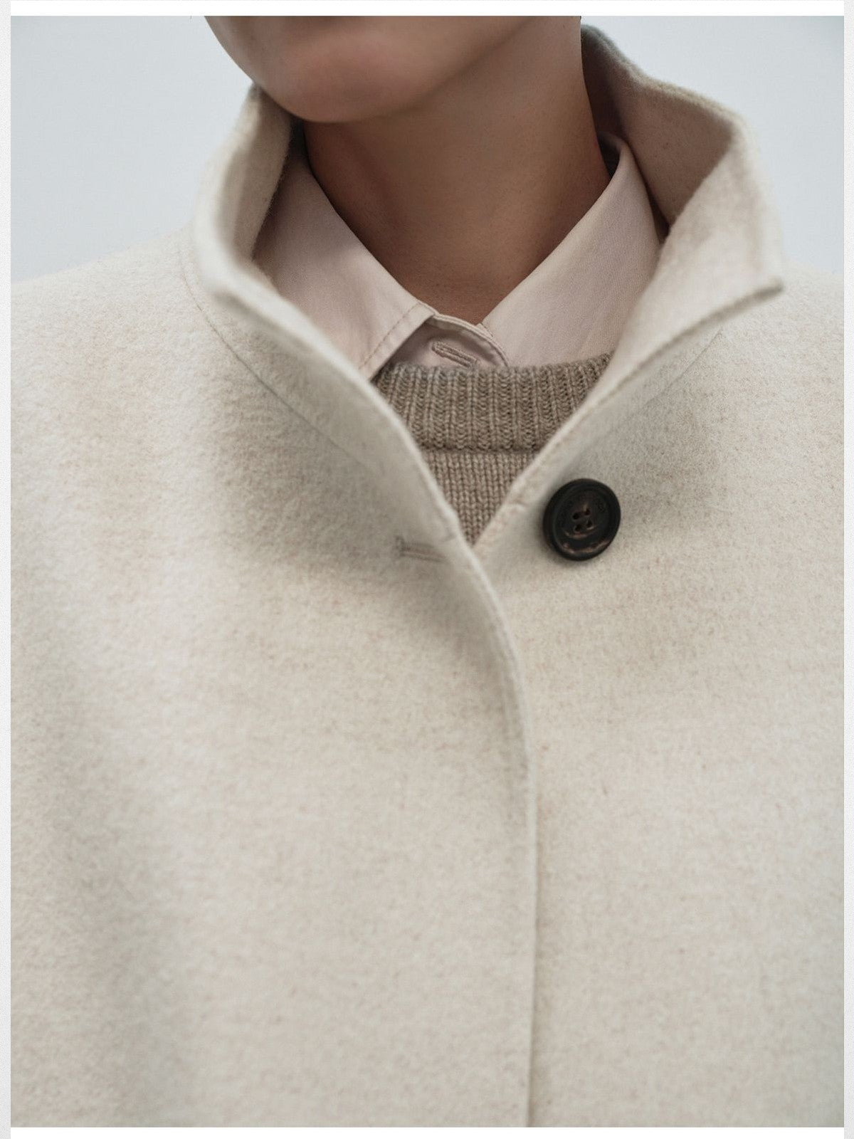 RandomPiece Wool Camel Hair Stand Collar Coat in White - Detail