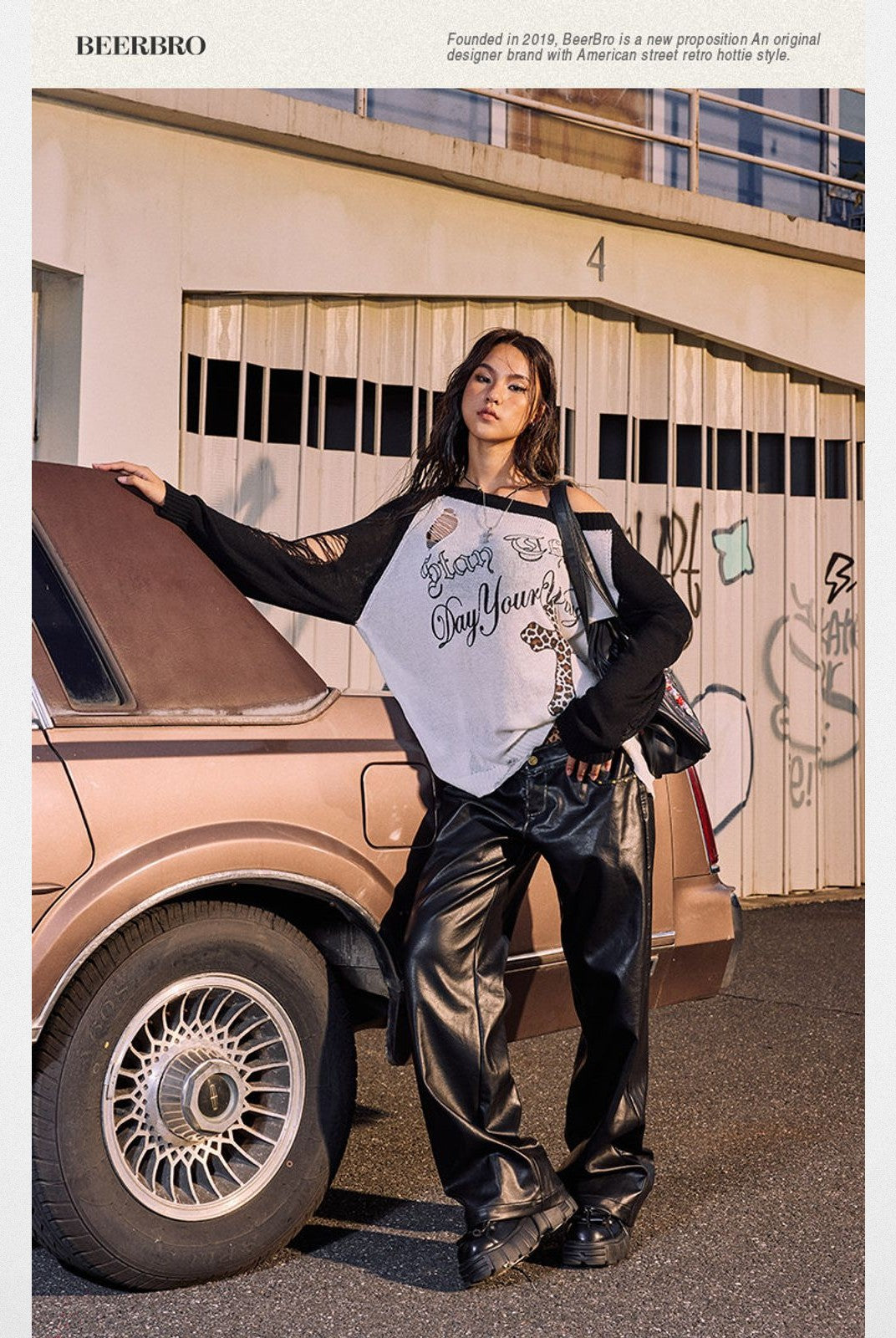 BeerBro Distressed Graphic Off Shoulder Sweater in Black - On Model