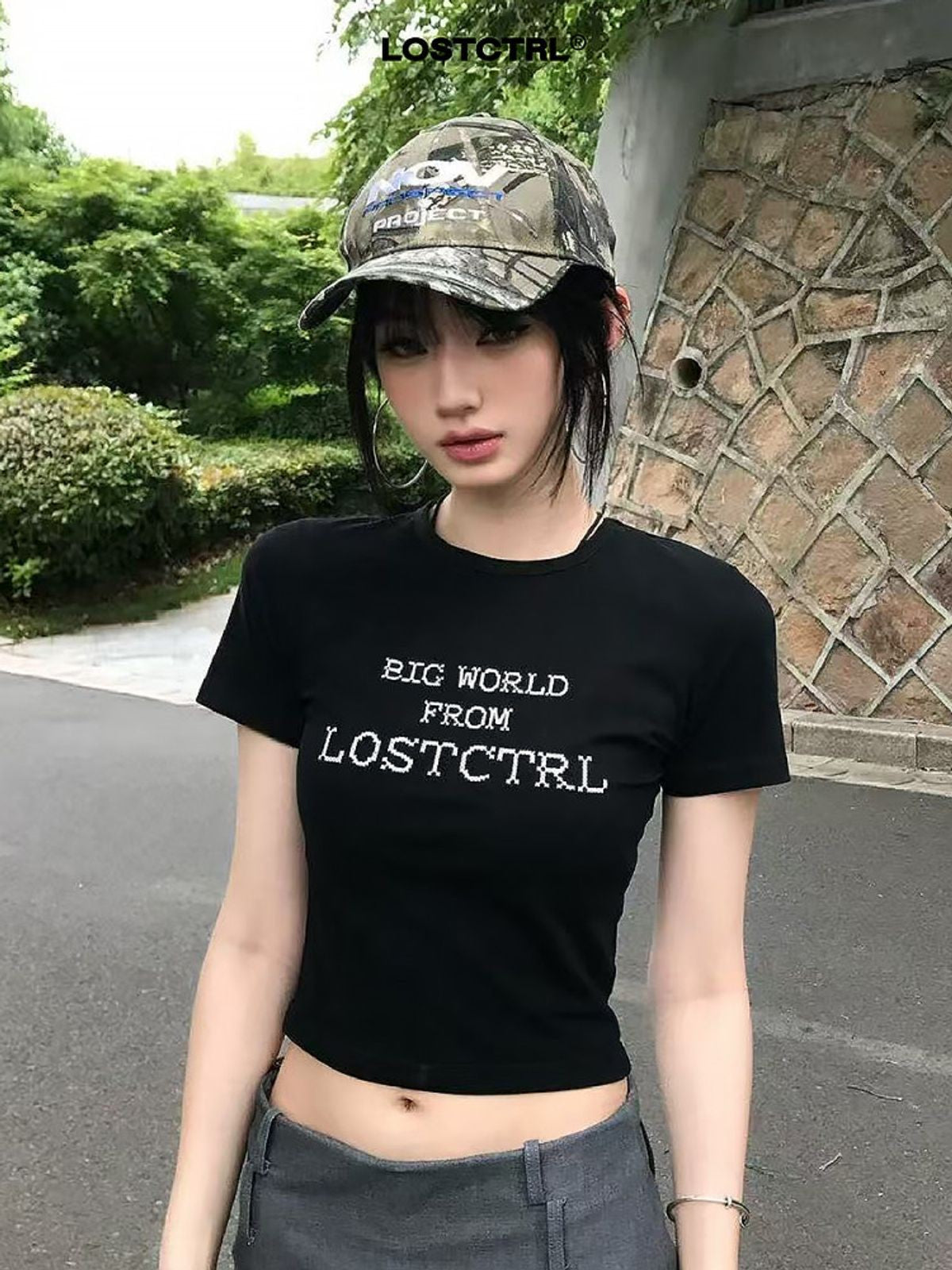 LOSTCTRL Cross Stitch Logo Cropped Tee in Black - On Model