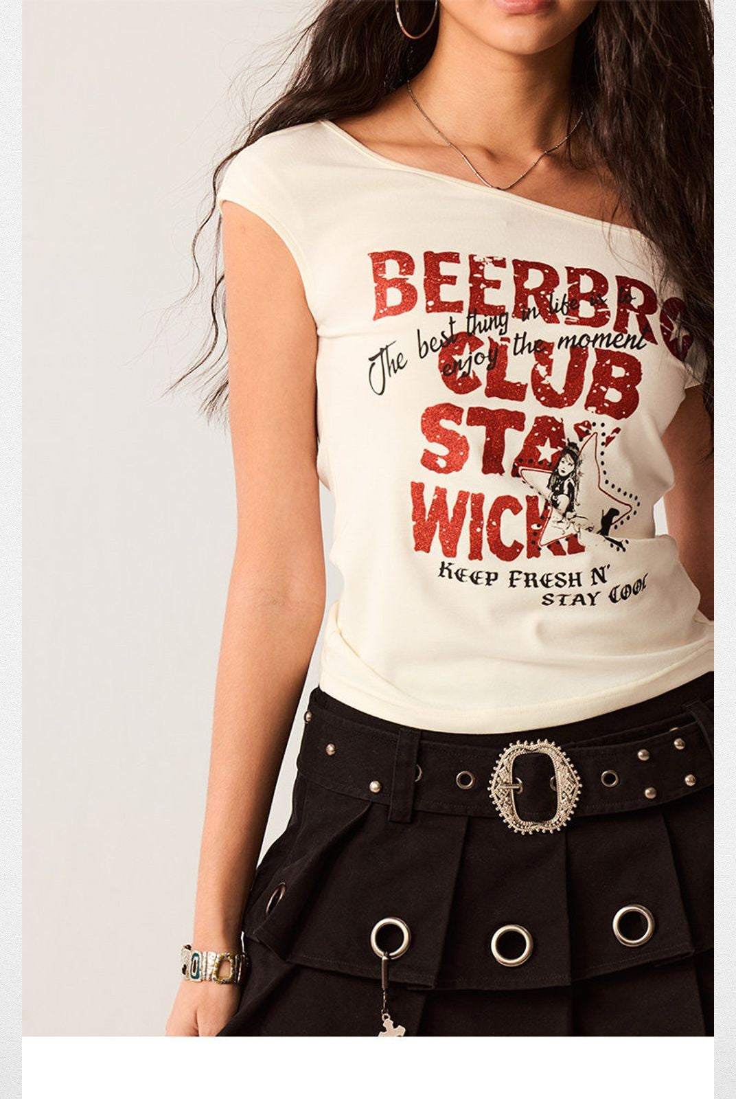 Beer Bro Off Shoulder Graphic Crop Top in White - On Model