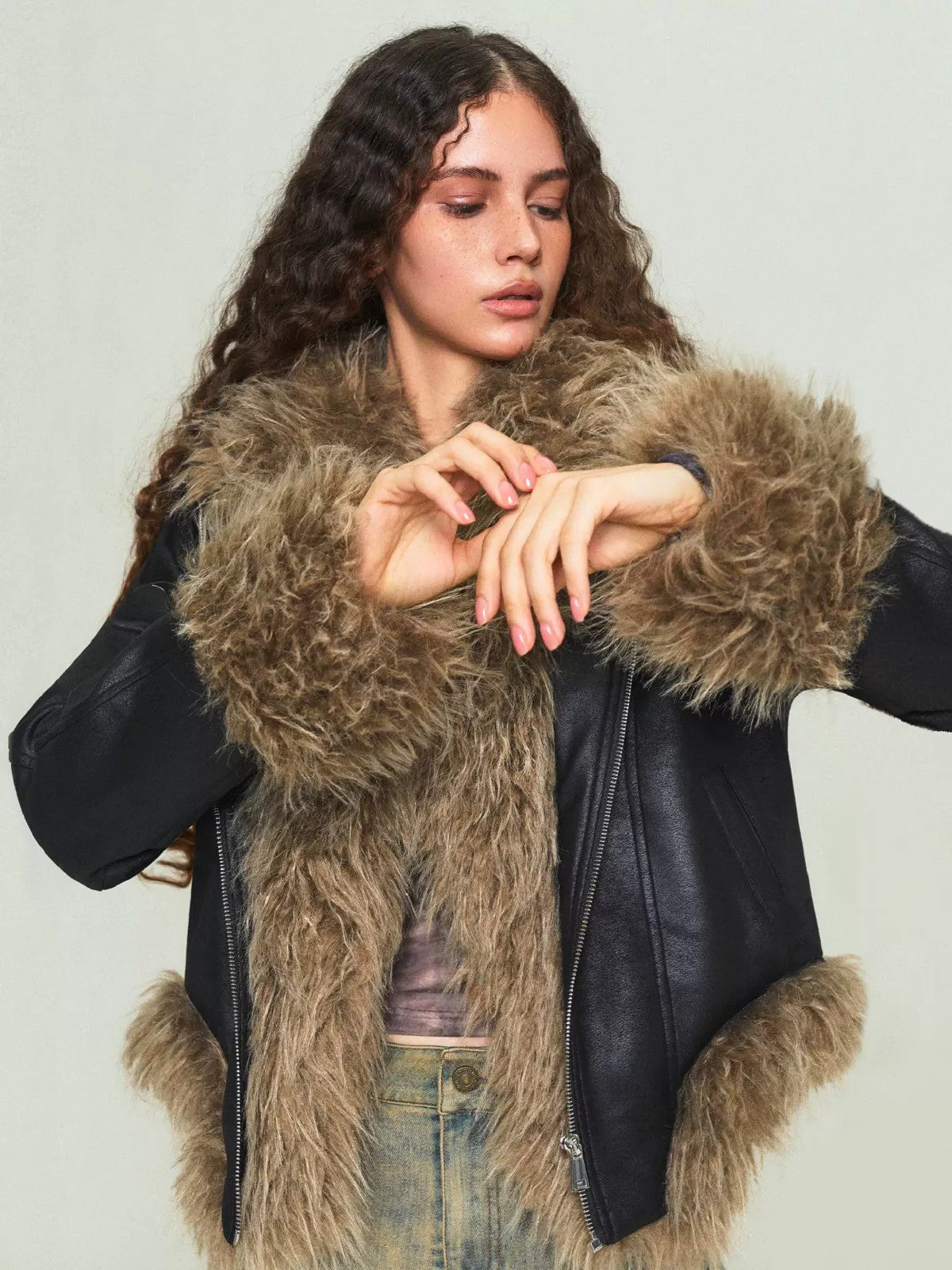 Amee Faux Fur Trimmed PU Jacket in Black - On Model