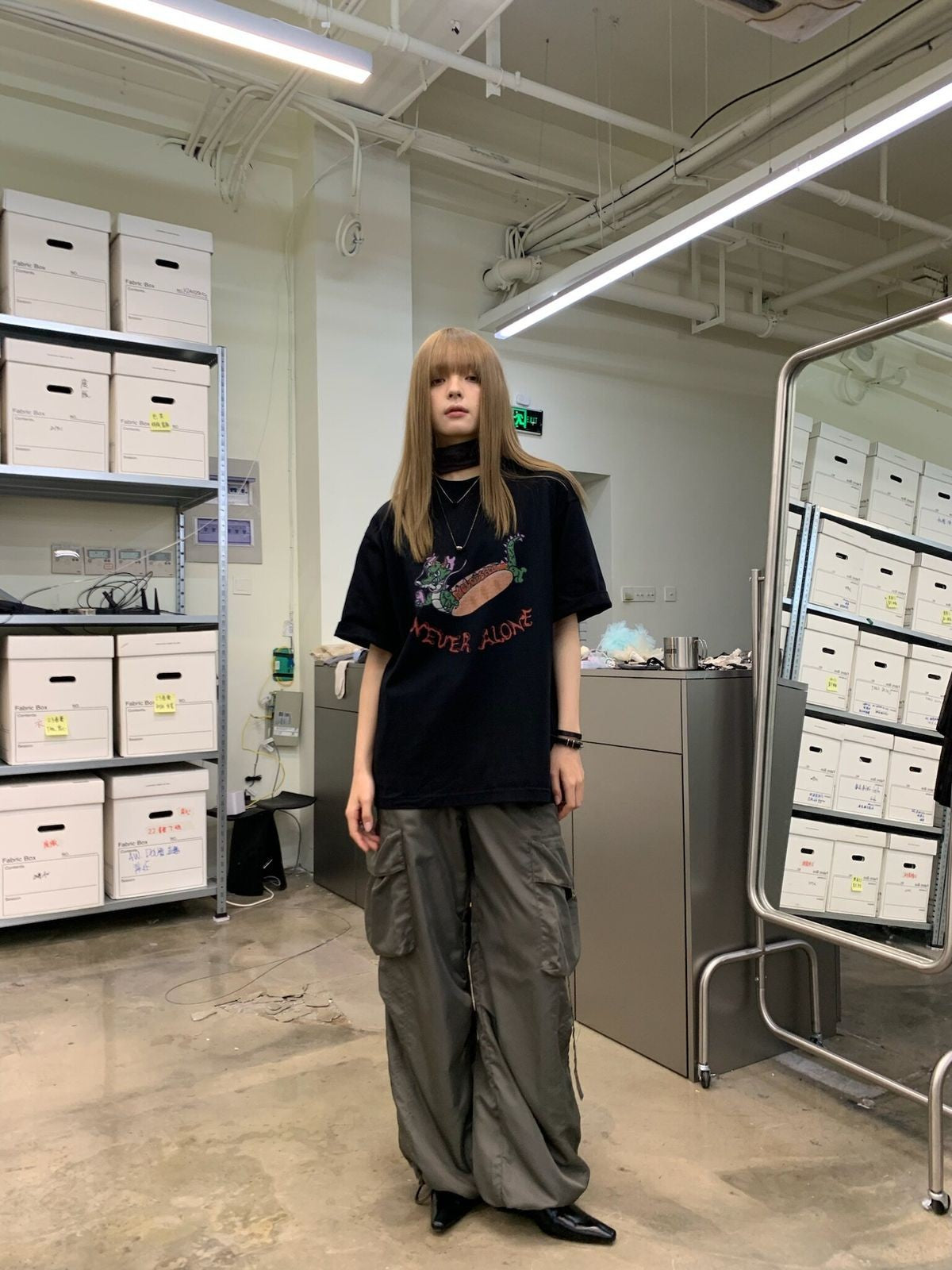 NeverSeez Spliced Wide Leg Cargo Pants in Green - On Female Model