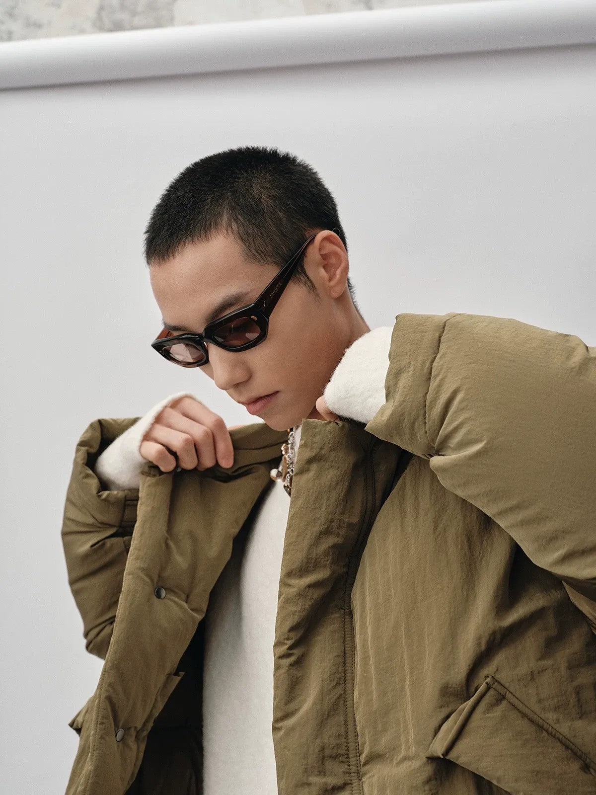 NANS Crinkled Metallic Down Puffer in Olive