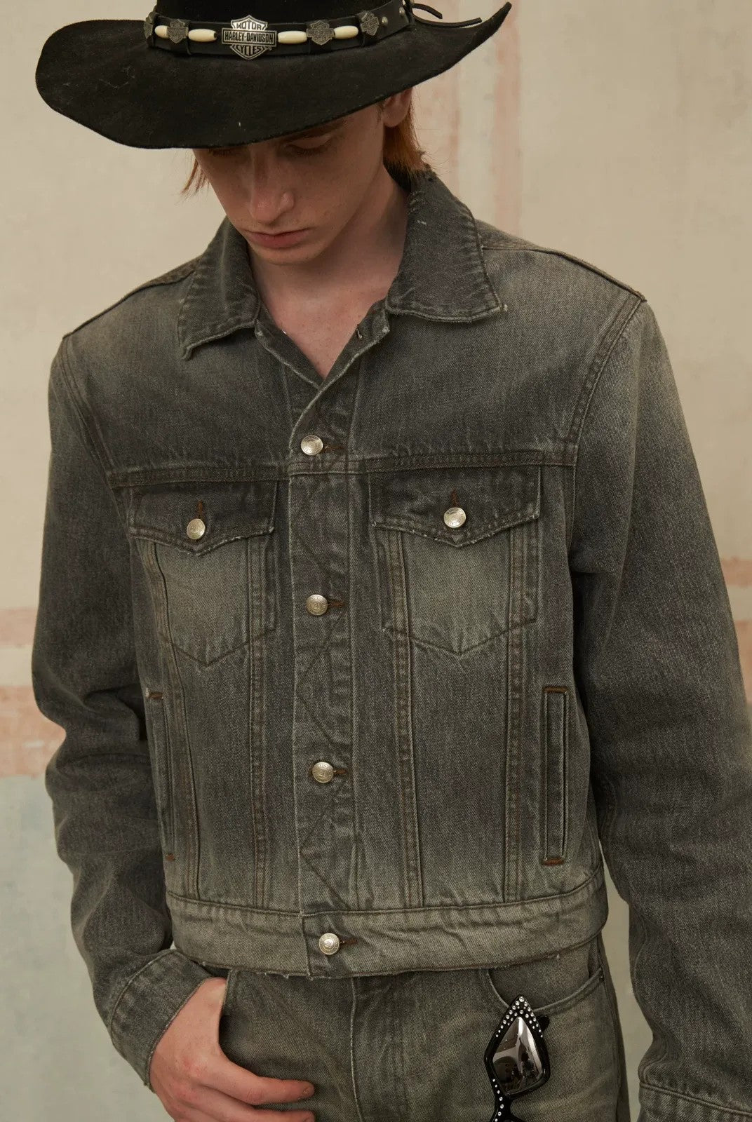 Retro 21 Distressed Gray Denim Jacket with Shoulder Pads in Gray - On Model