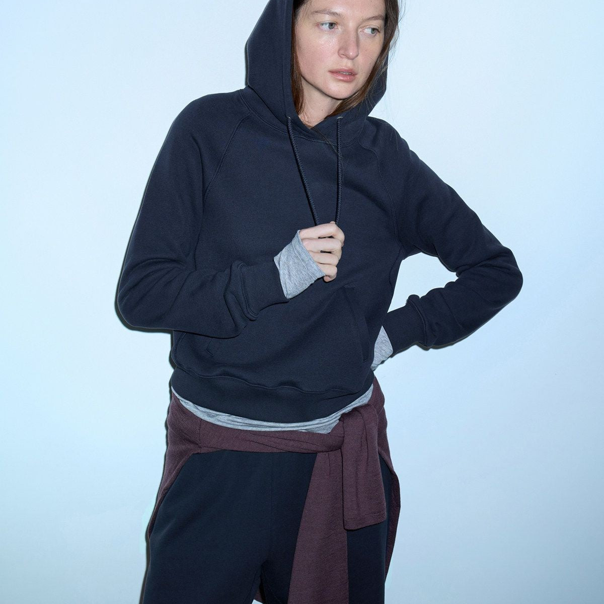 RandomPiece Cropped Cotton Lyocell Hoodie in Navy Blue - On Model