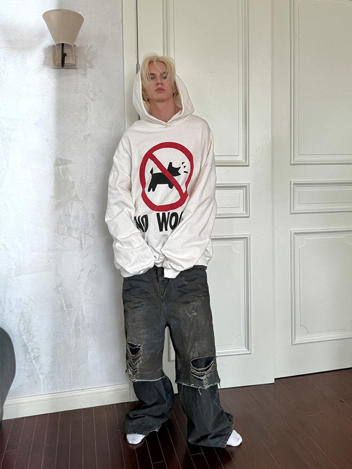 Triangle Project No Barking Graphic Fleece Hoodie in White - On Model