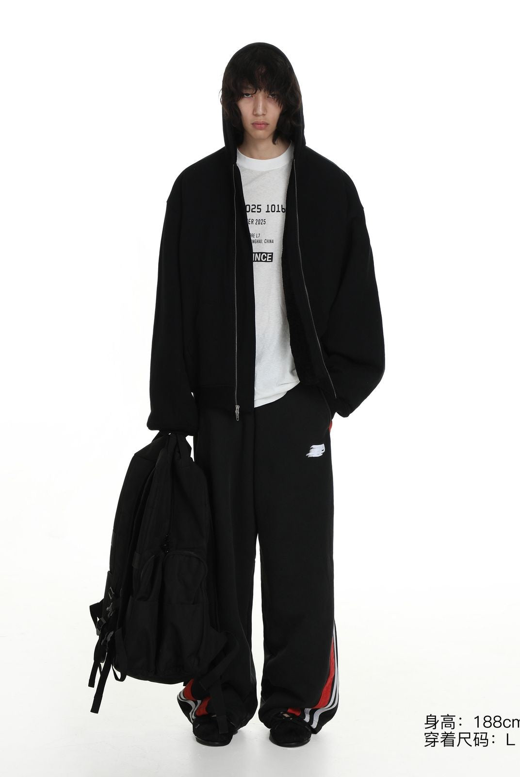 MASONPRINCE Sherpa Lined Cotton Zip Jacket in Black - On Model #color_black
