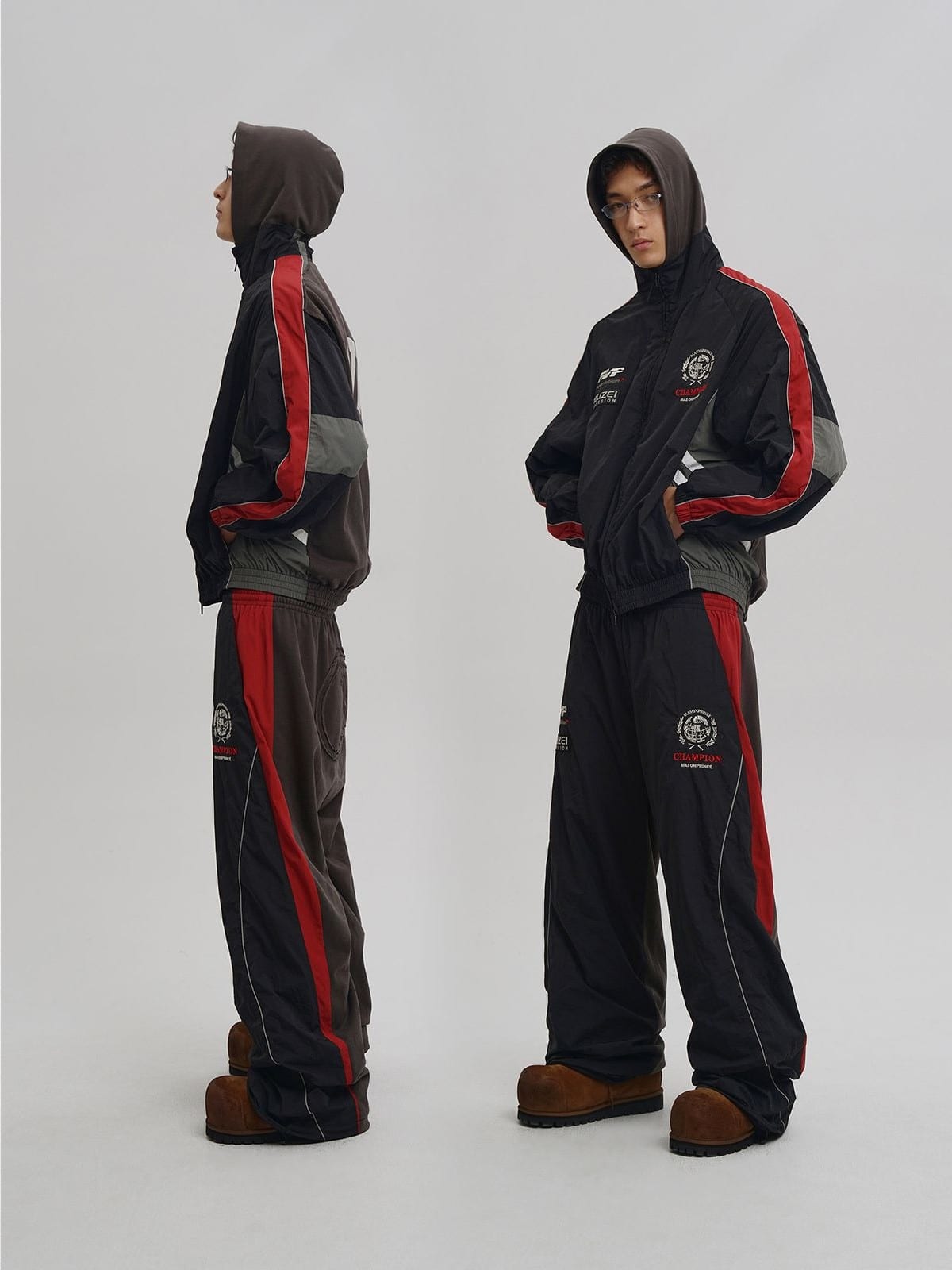 MasonPrince Deconstructed Patchwork Track Jacket in Black - On Model