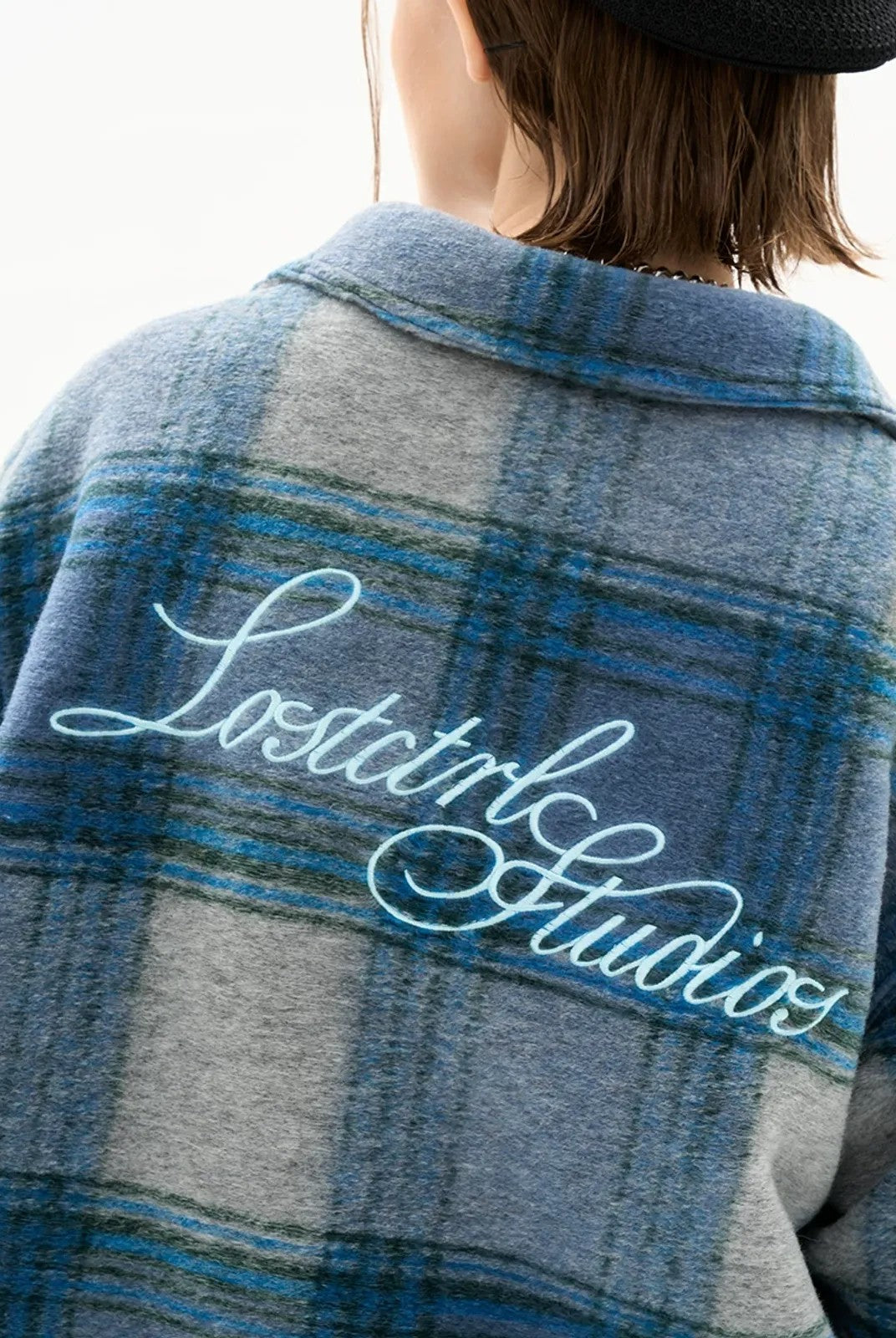LOSTCTRL Brushed Plaid Shirt Jacket in Blue - On Model