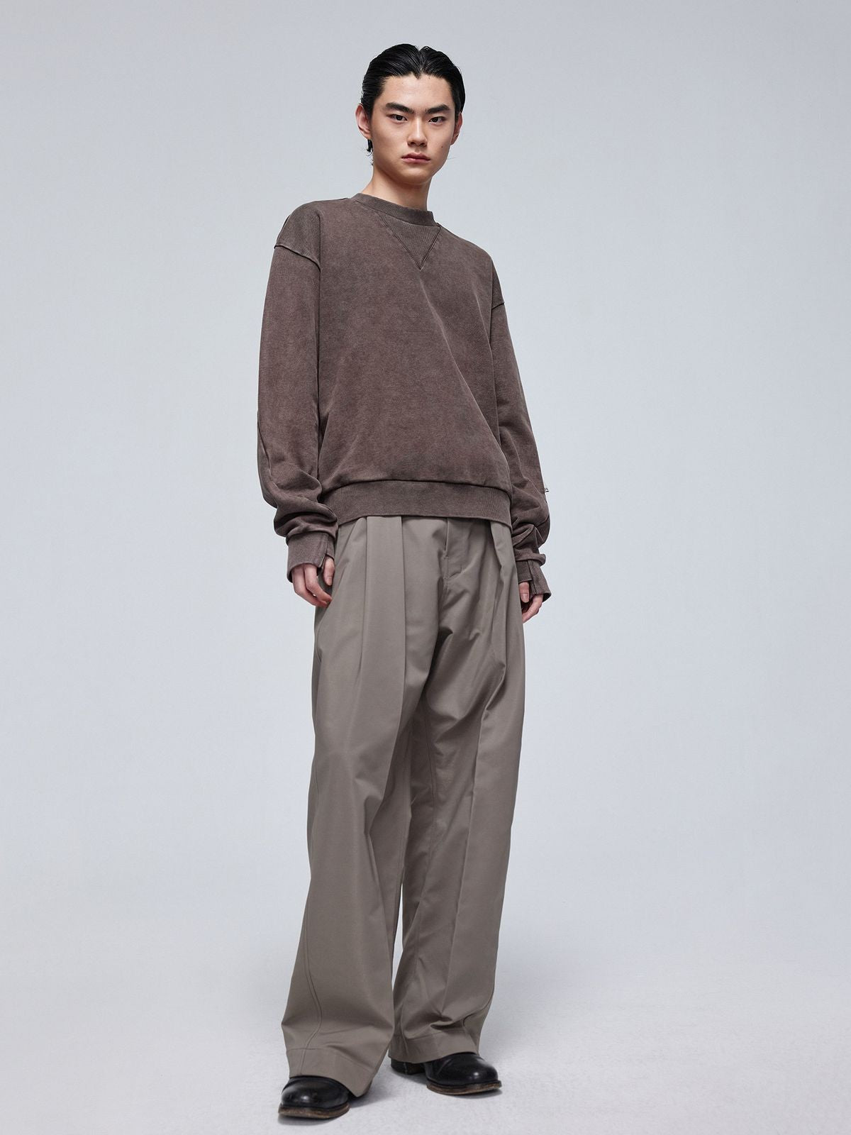 Simple Project Faded Cotton Crewneck Sweatshirt in Coffee - On Model