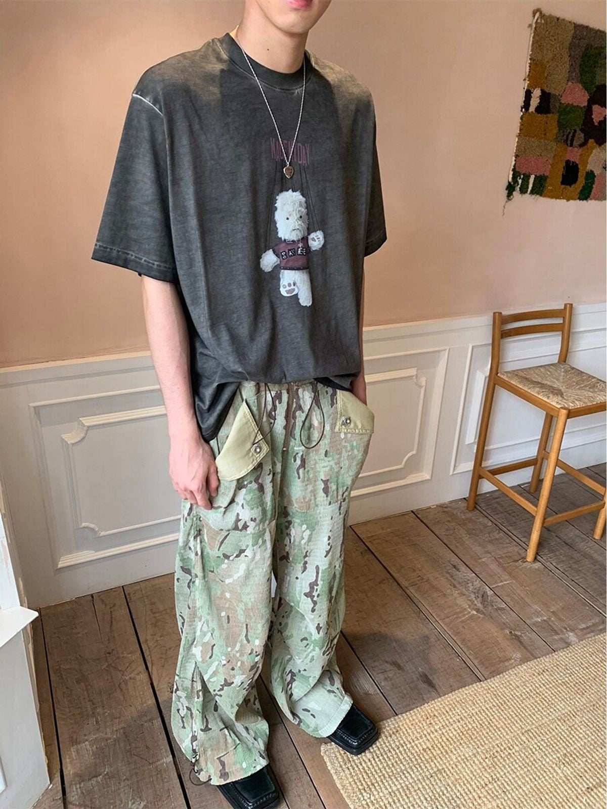 NeverSeez Garment Dyed Puppet Print Tee in Gray - On Male Model