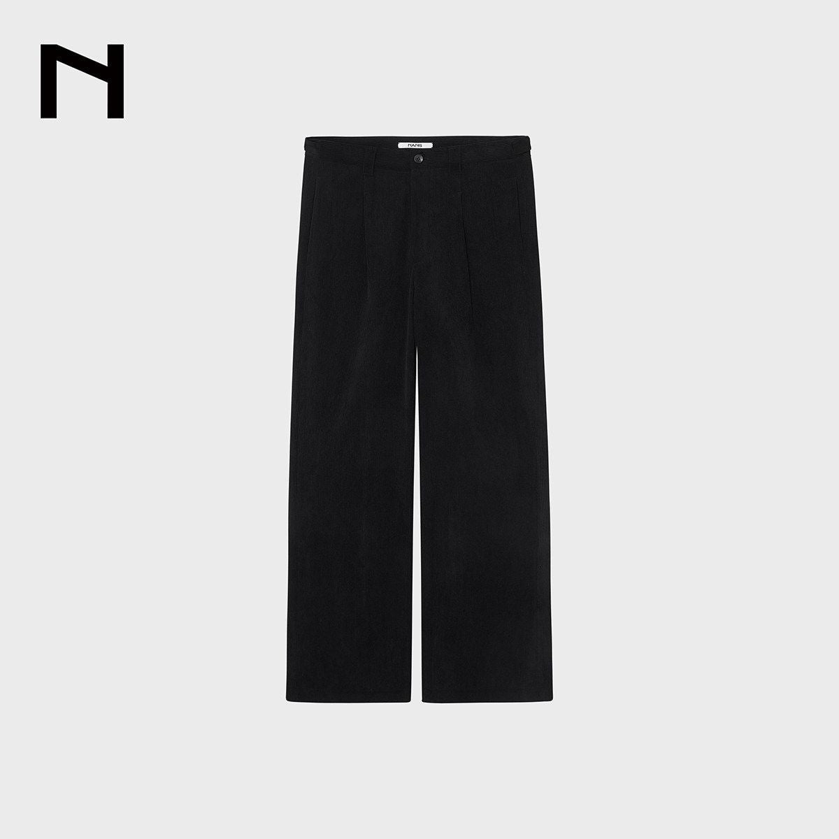 NANS Single Pleat Corduroy Micro Flare Trousers in Black