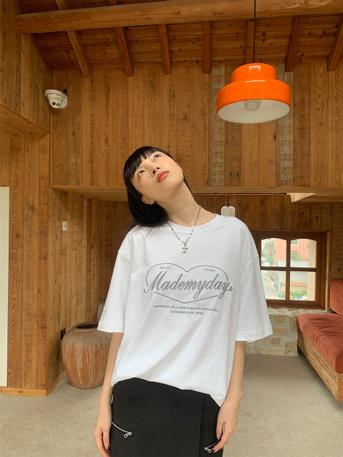 NeverSeez Love Flower Shop Embroidered Tee in White - On Female Model