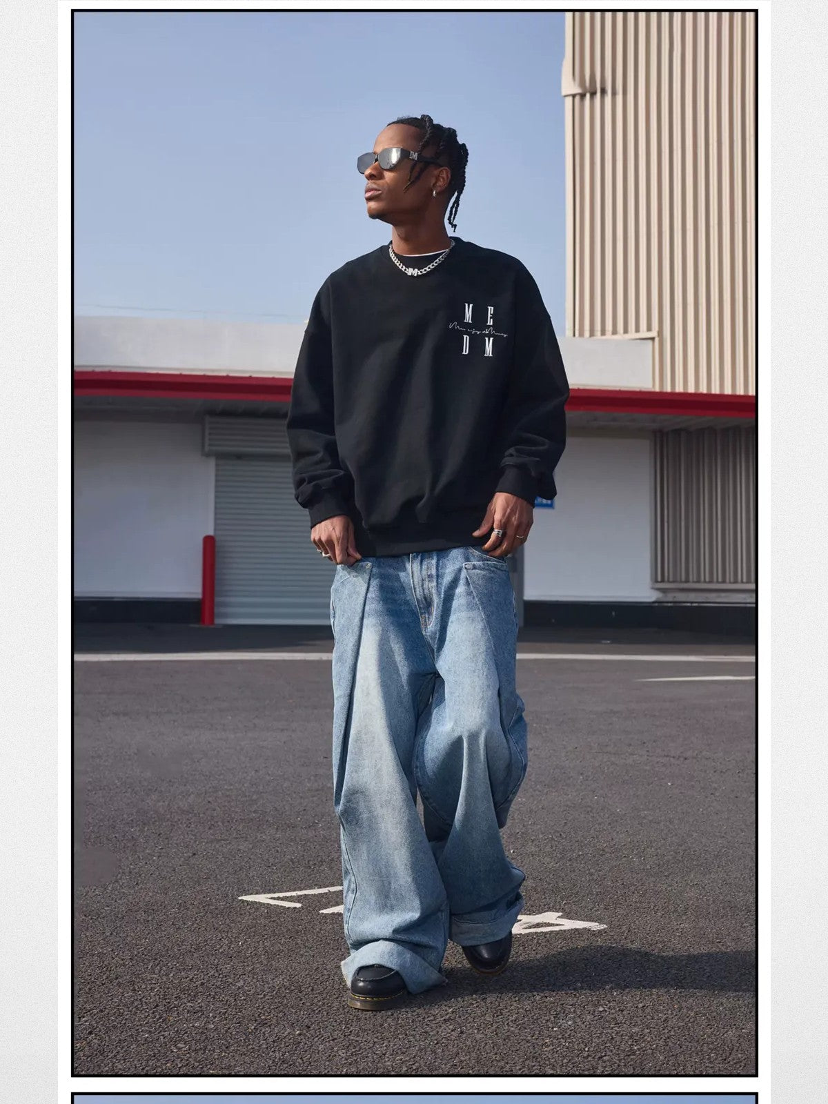 MEDM Cotton Blend Logo Crewneck in Black - On Male Model