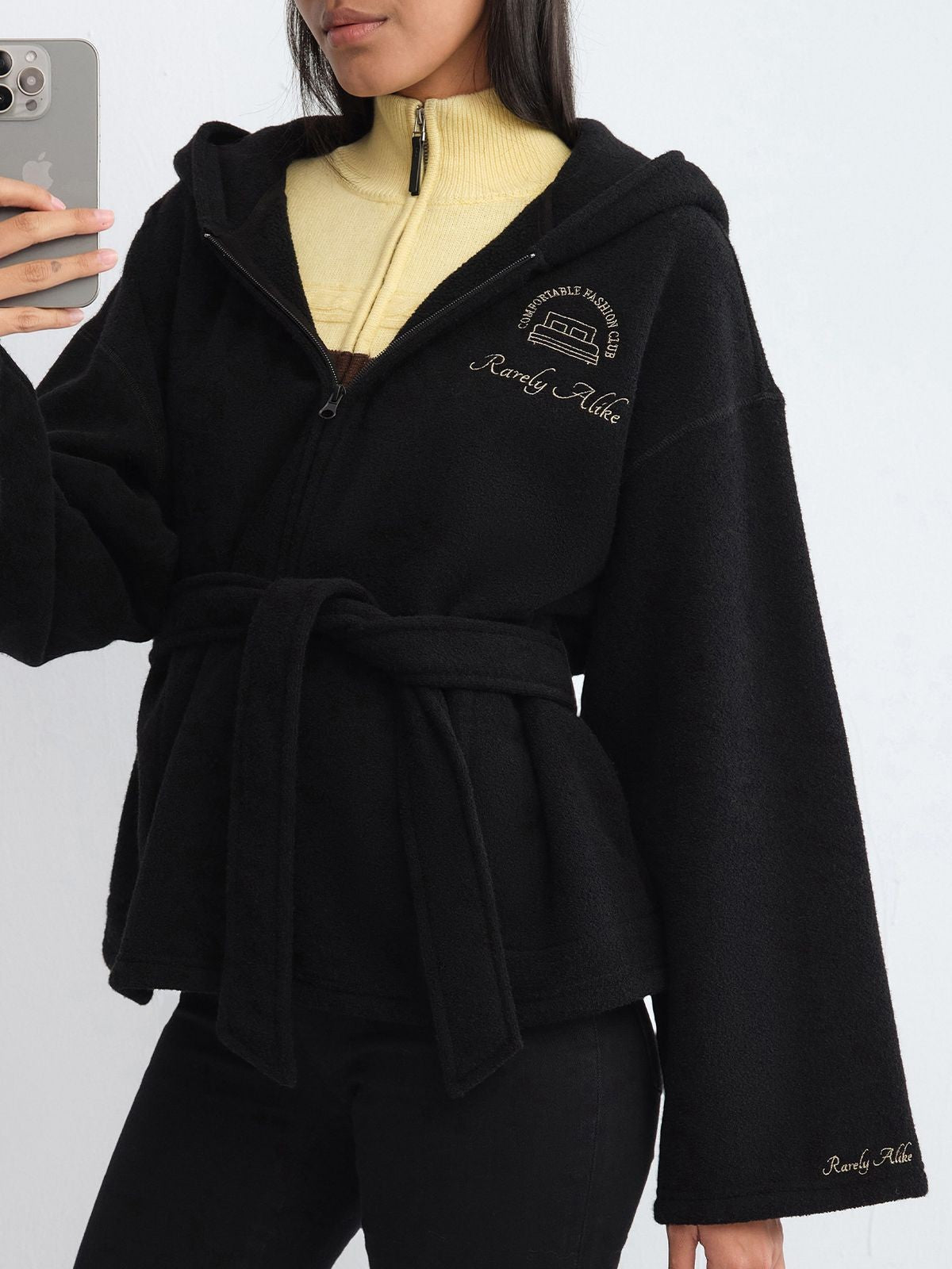 RARELY ALIKE Embroidered Hooded Robe Coat in Black - On Model