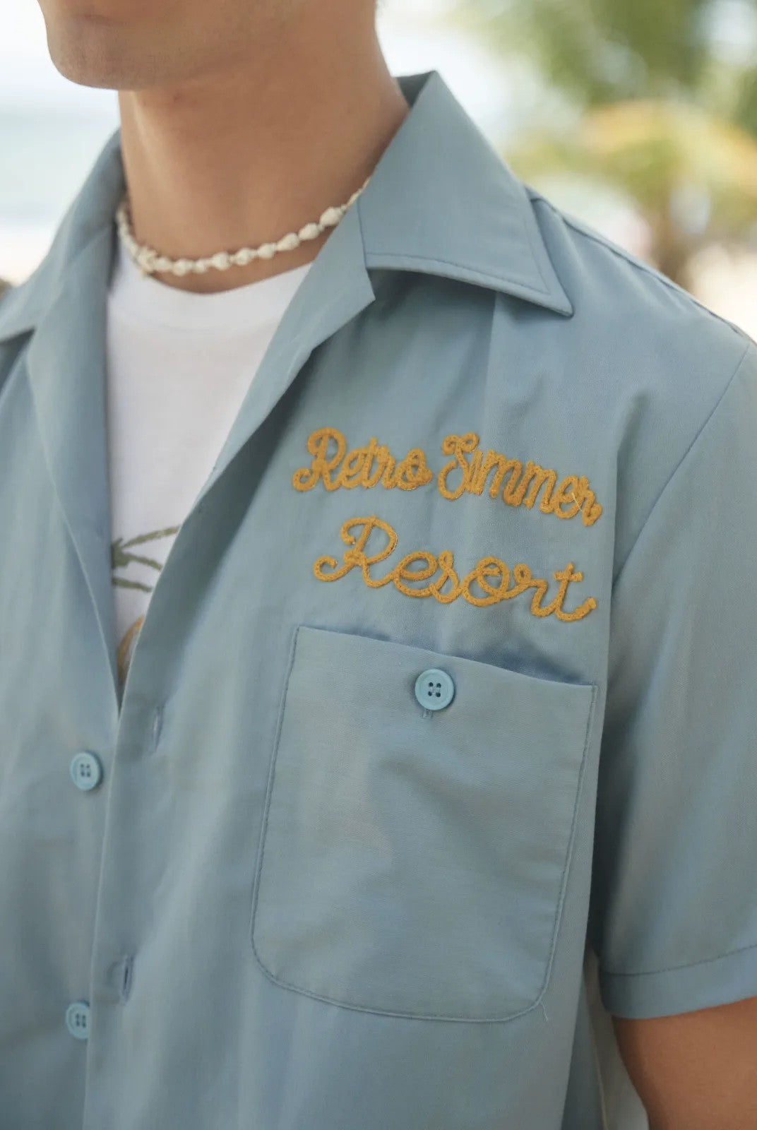 Retro 21 Chenille Embroidered Camp Collar Shirt in Blue - On Model