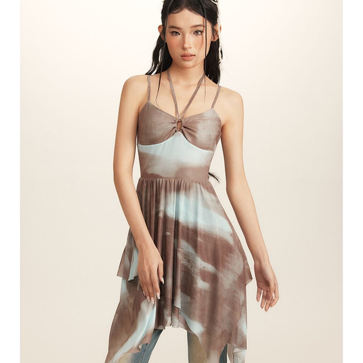 Beer Bro Tie Dye Mesh Ruched Cami Dress in Brown - On Model