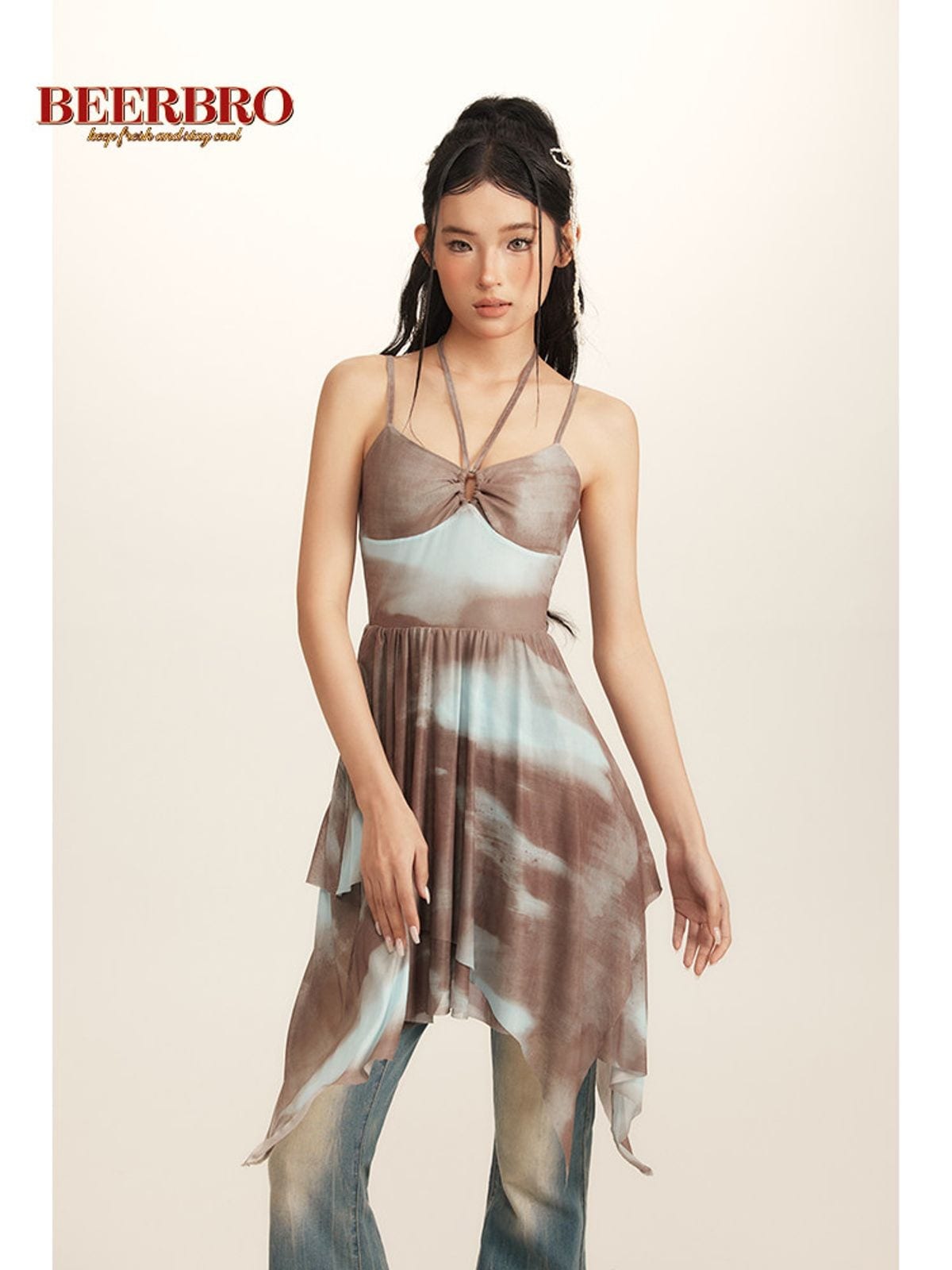 Beer Bro Tie Dye Mesh Ruched Cami Dress in Brown - On Model
