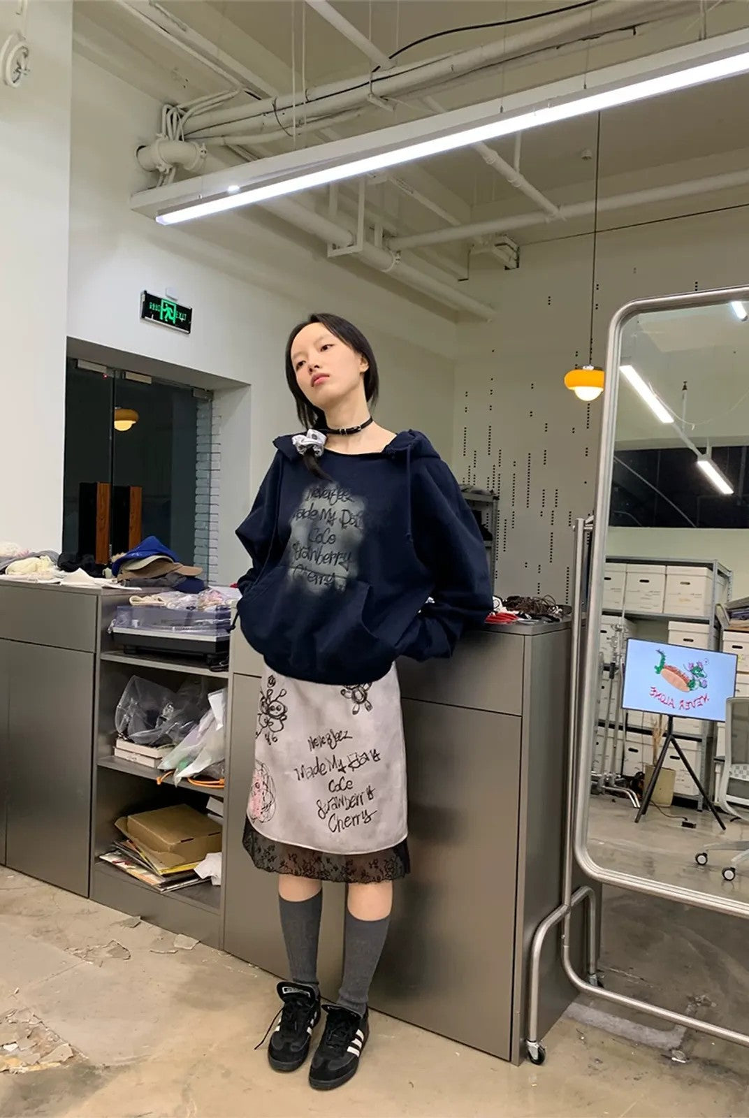 NeverSeez Graffiti Print Lace Trim Skirt in Gray - On Model