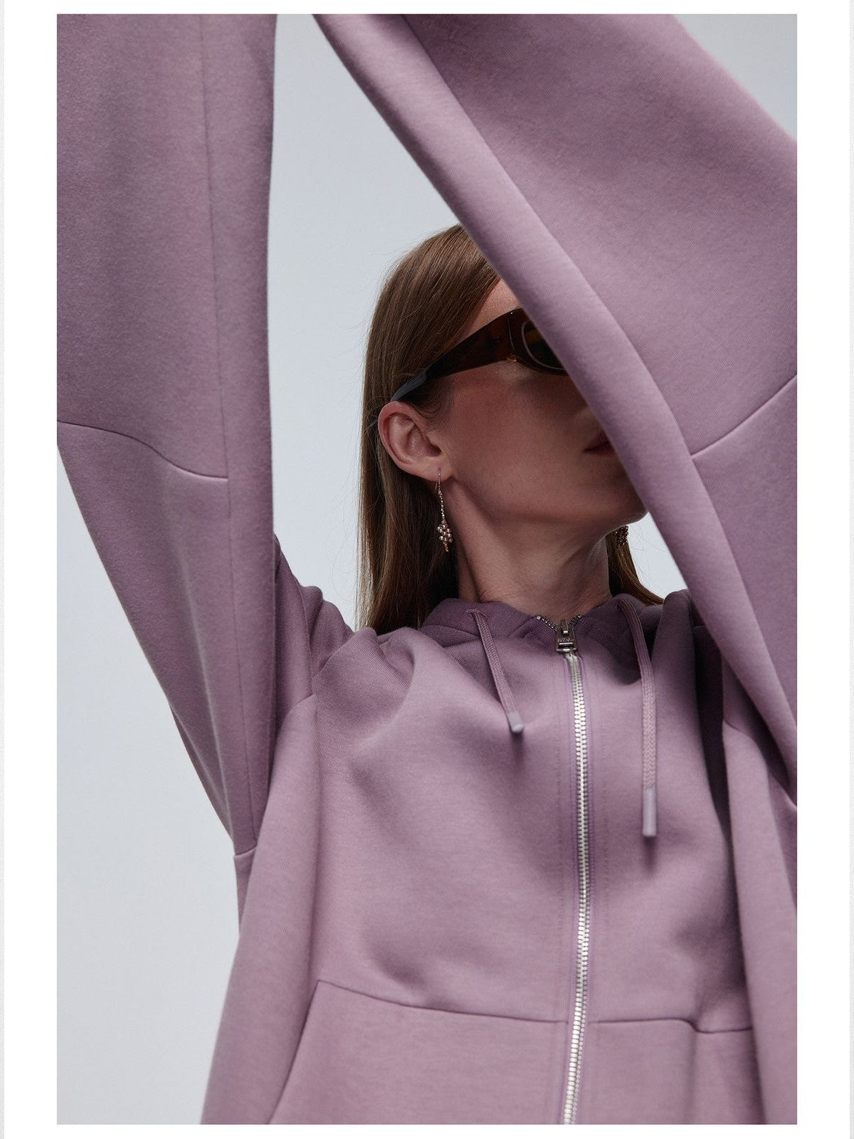 Simple Project Logo Embossed Zip Hoodie in Lavender - On Female Model