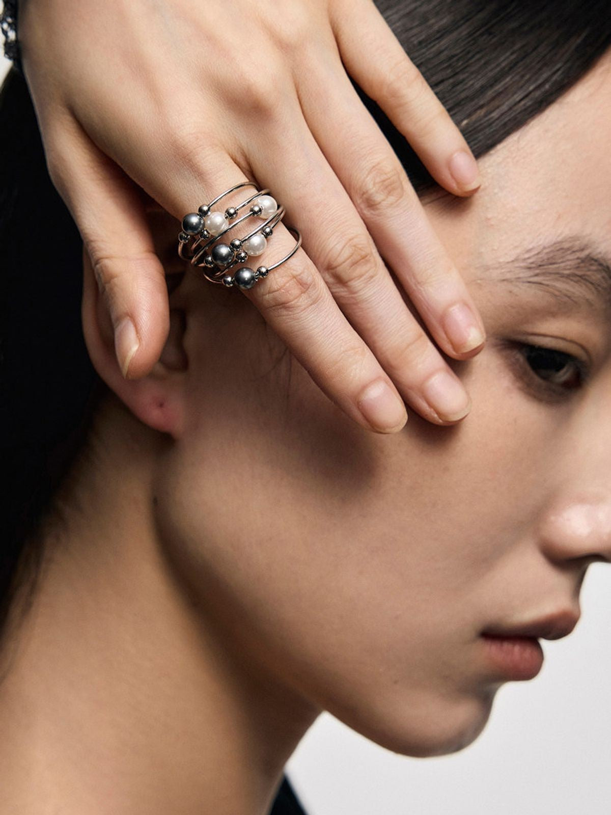BLACKHEAD Entwined Pearl Steel Ring in Silver - On Model