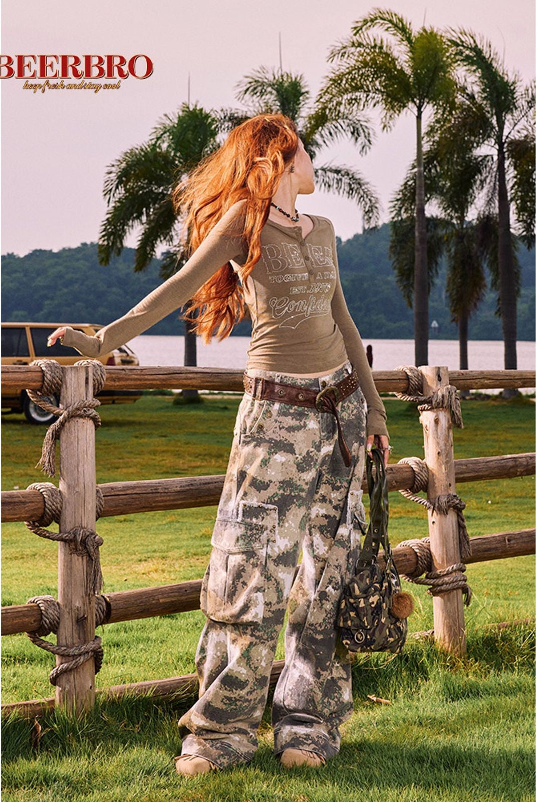 BeerBro Retro Camo Wide Leg Cargo Pants in Olive - On Model