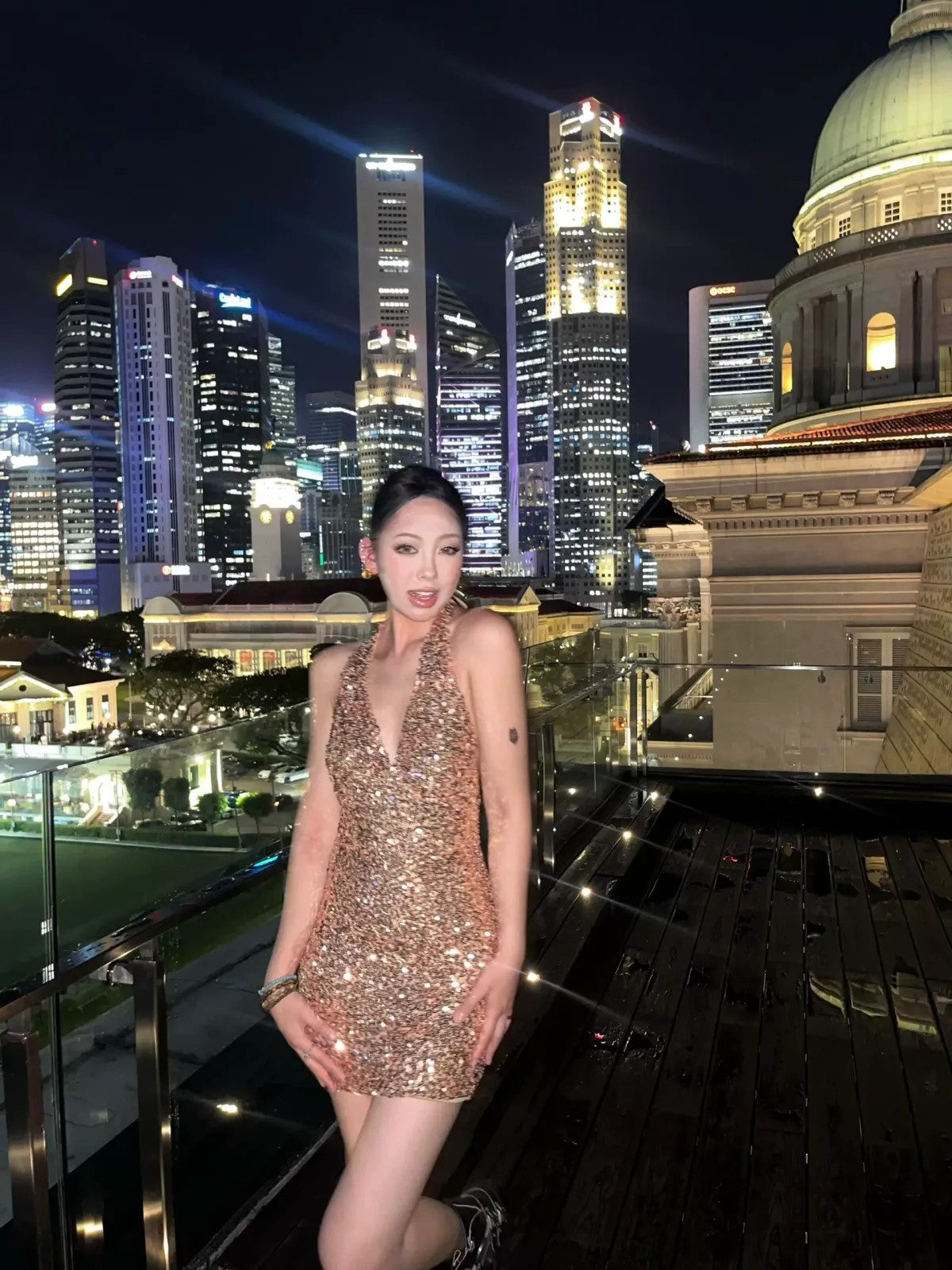 1S STUDIO Sequin Halter Neck Mini Dress in Gold - On Model