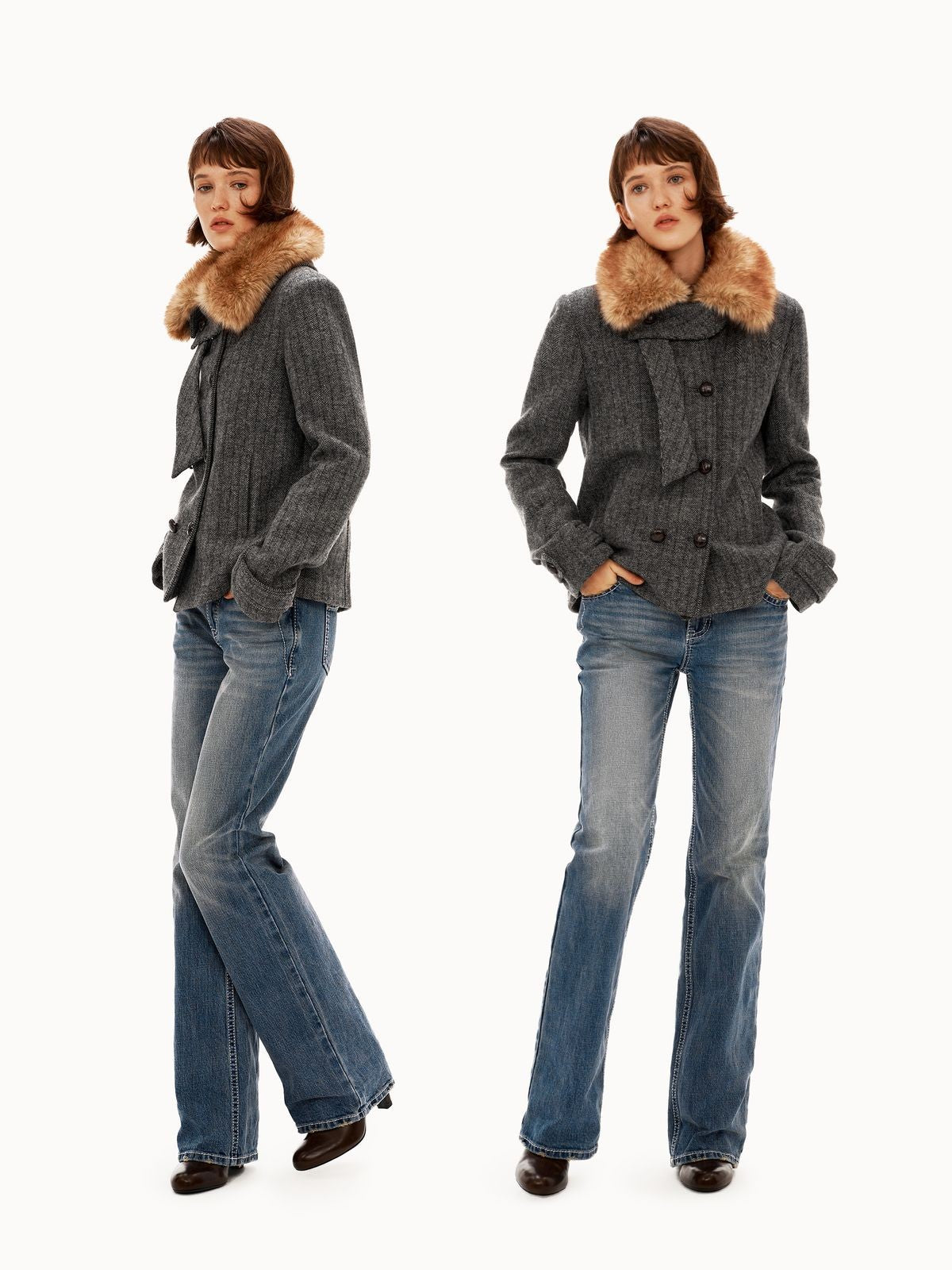 PUKI Herringbone Wool Blend Coat in Gray - On Model