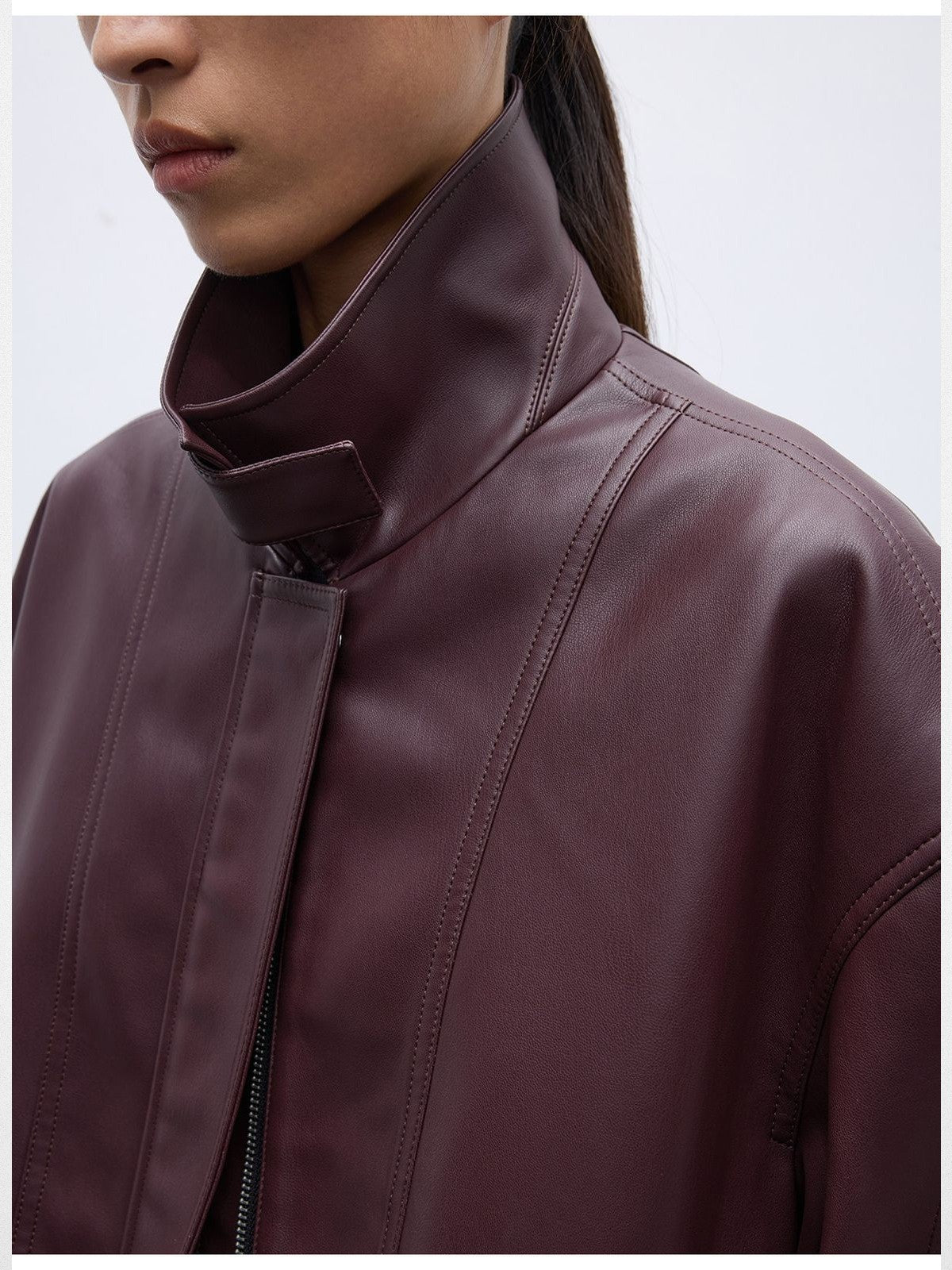 RandomPiece Oversized Matte Faux Leather Jacket in Burgundy - Detail