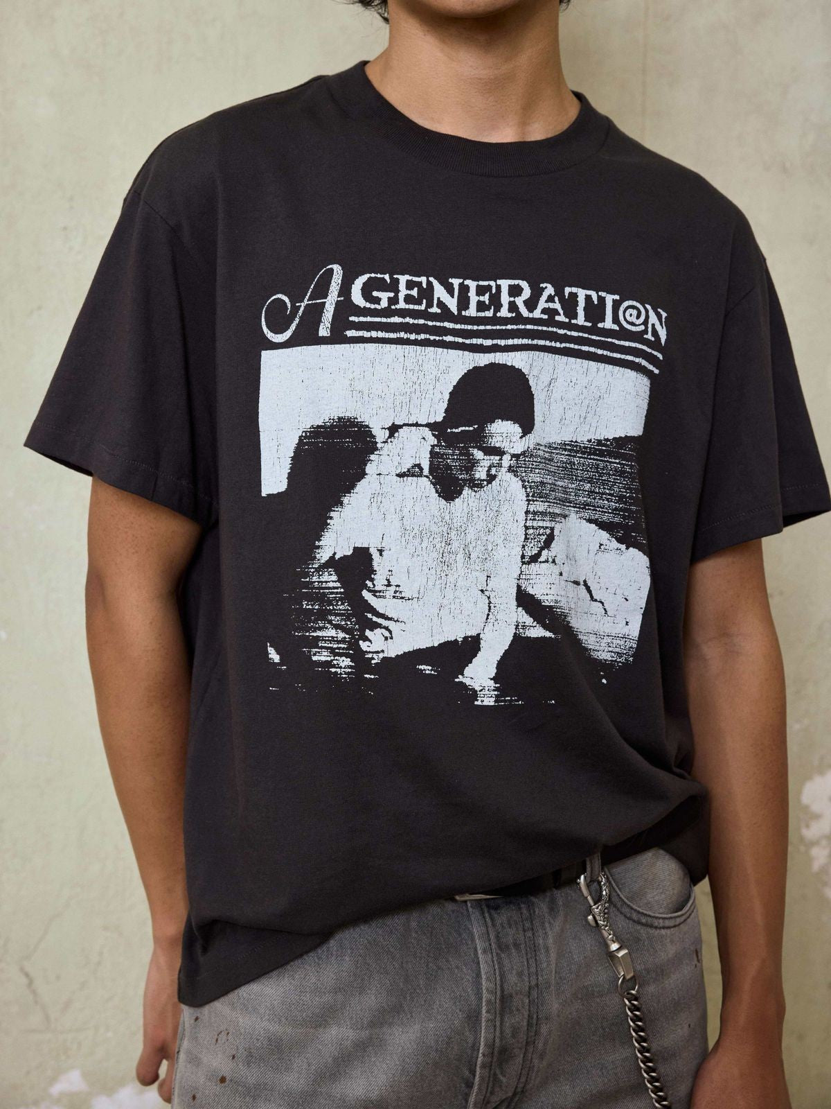 AFterTaste Cracked Portrait Single Stitch Tee in Black - On Model