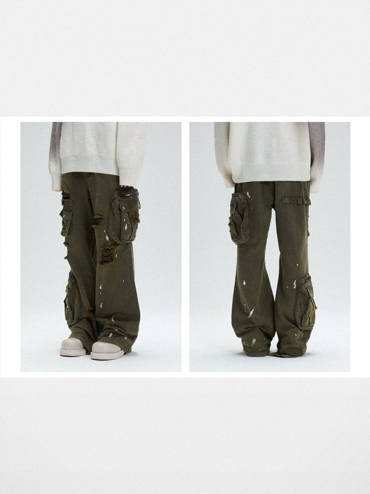 LOSTCTRL Distressed Multi Pocket Cargo Pants in Green - On Model