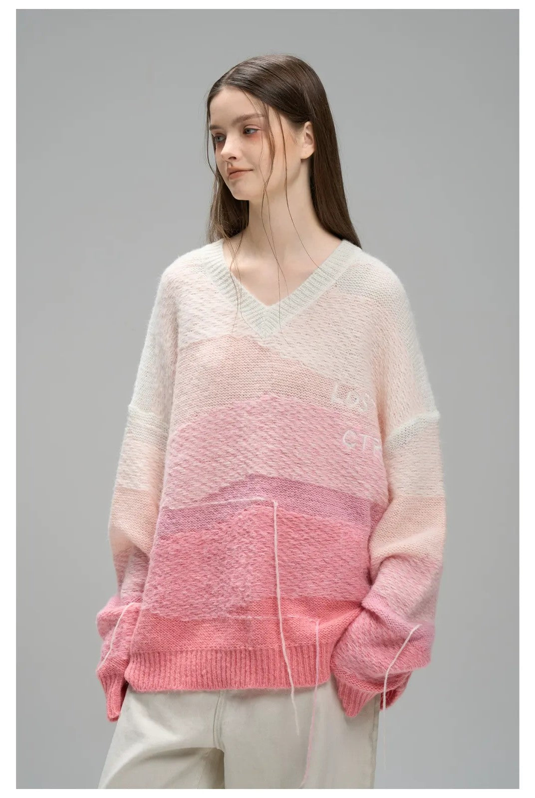 LOSTCTRL Gradient Fringe V Neck Sweater in Pink
