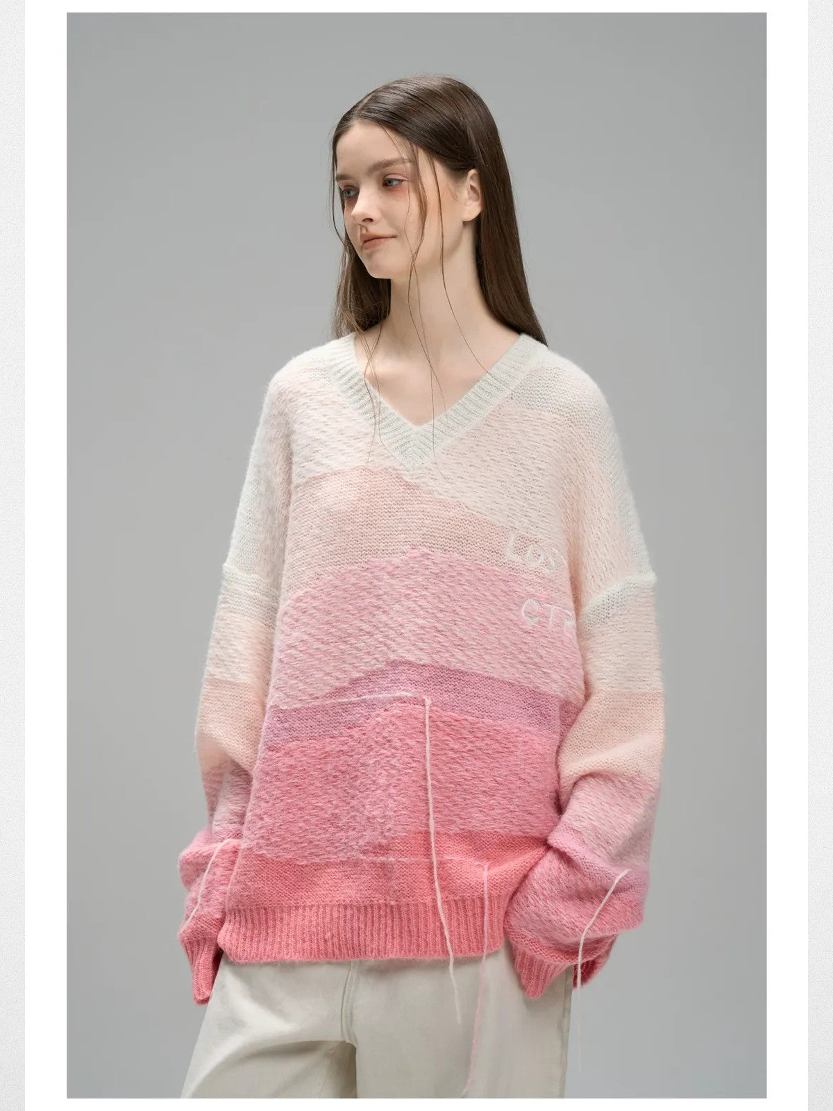 LOSTCTRL Gradient Fringe V Neck Sweater in Pink