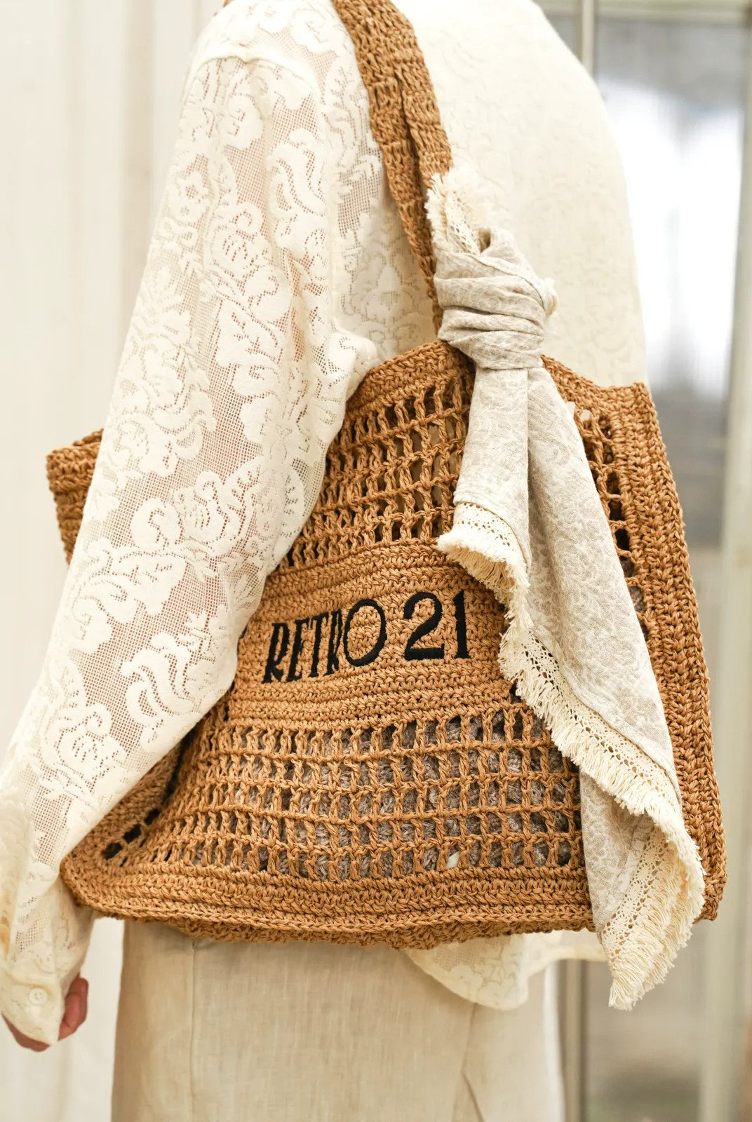 Retro 21 Handmade Raffia Cutout Tote Bag in Khaki - On Model