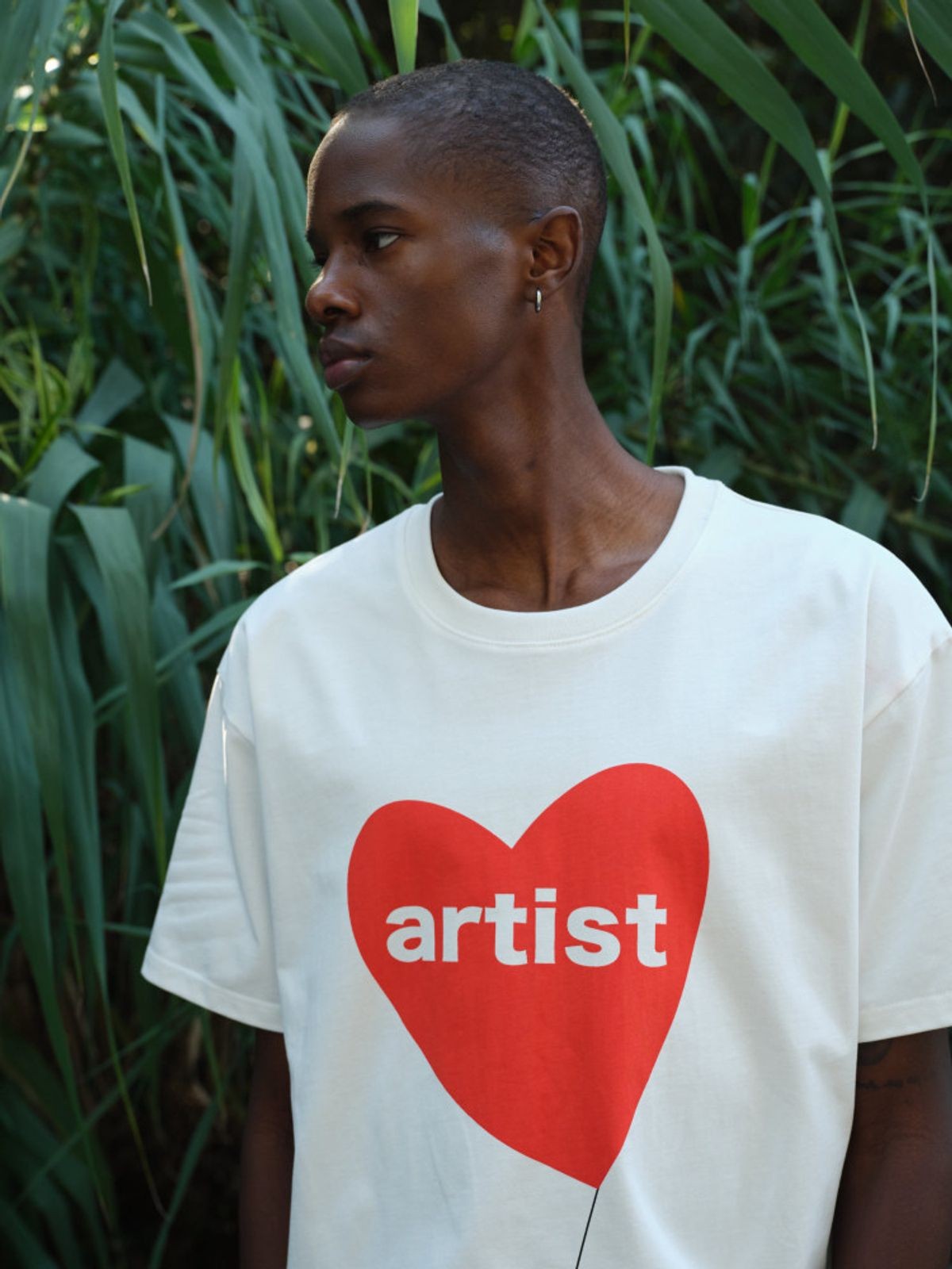 TRIANGLE PROJECT Heart Print Cotton T Shirt in White - On Model