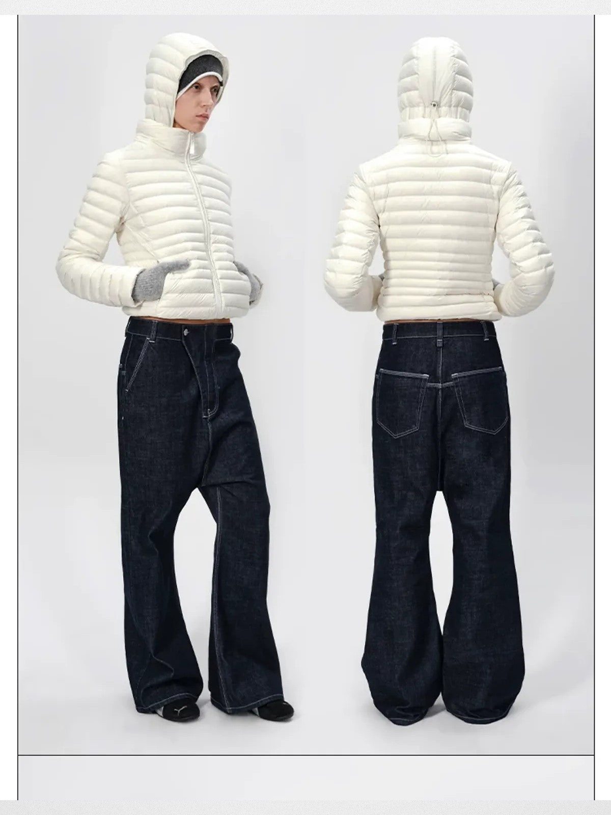 RARELY ALIKE Detachable Hood Down Puffer in White - On Model