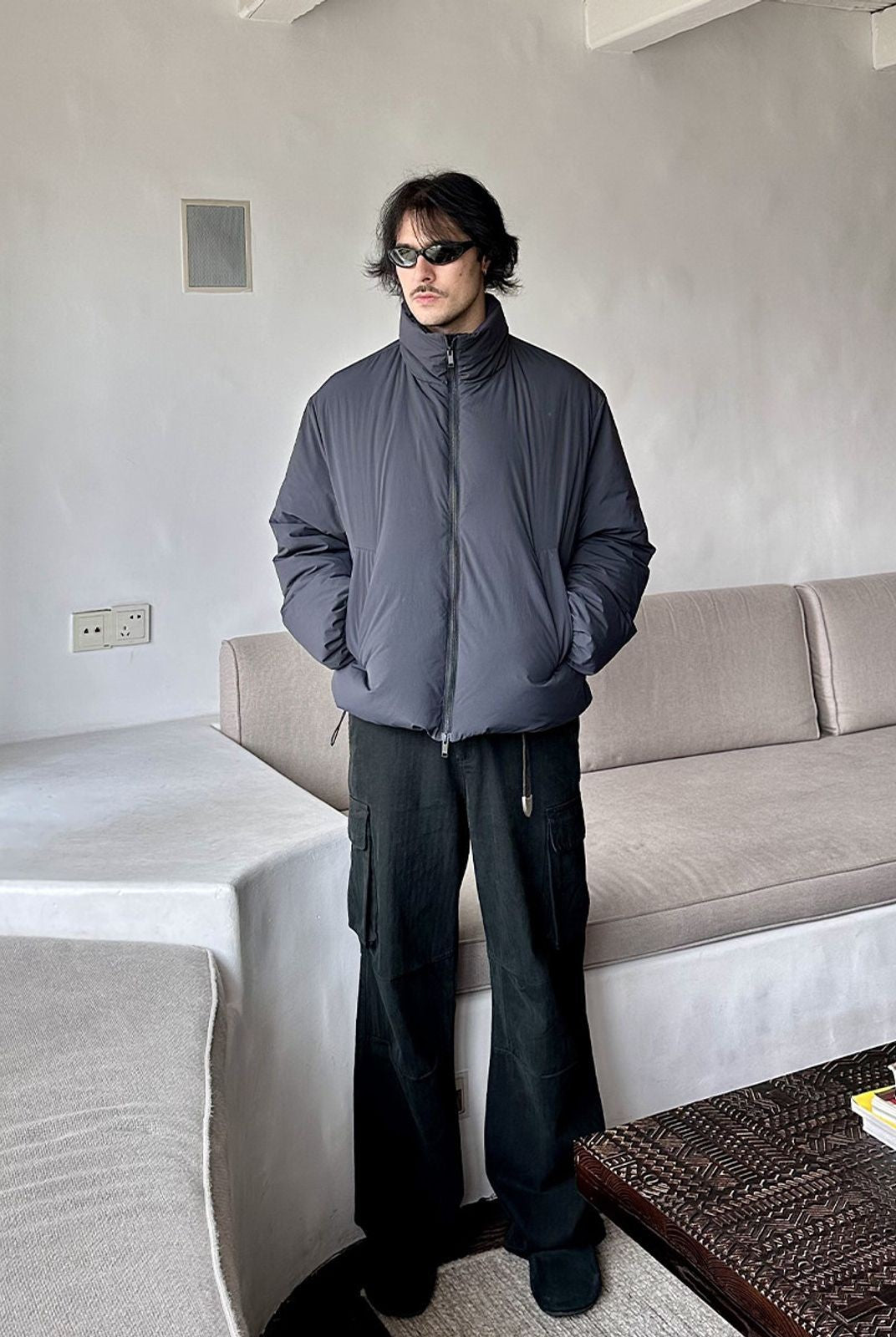 Roolrren Homme Lightweight Stand Collar Down Puffer in Navy Blue - On Model