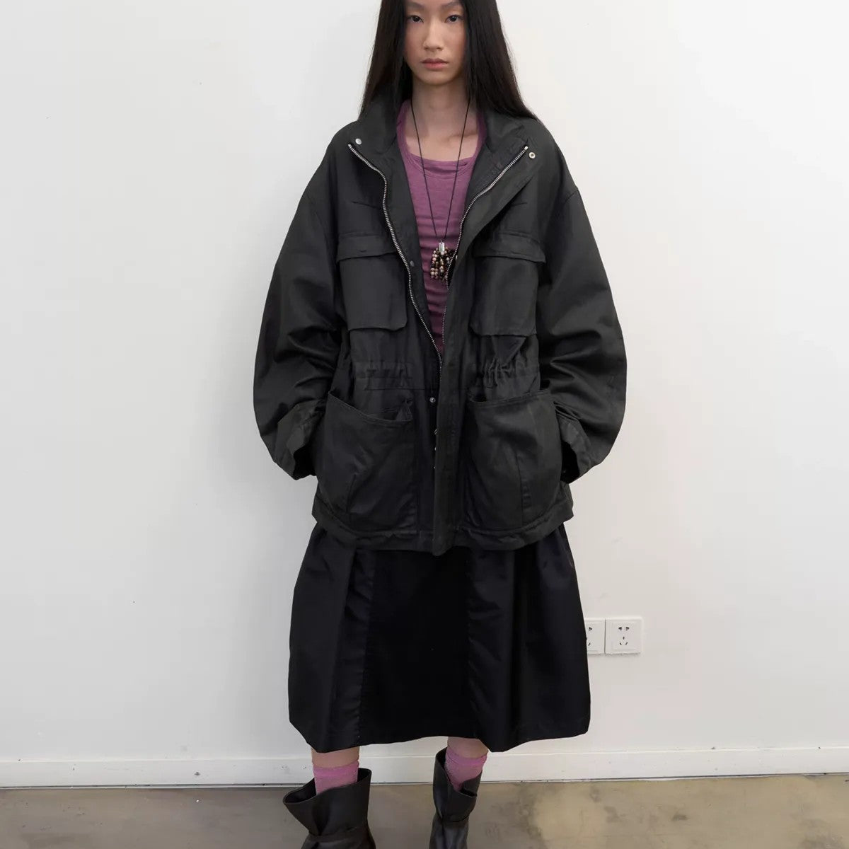 NeverSeez Spliced Neck Lyocell Blend Top in Gray - On Model