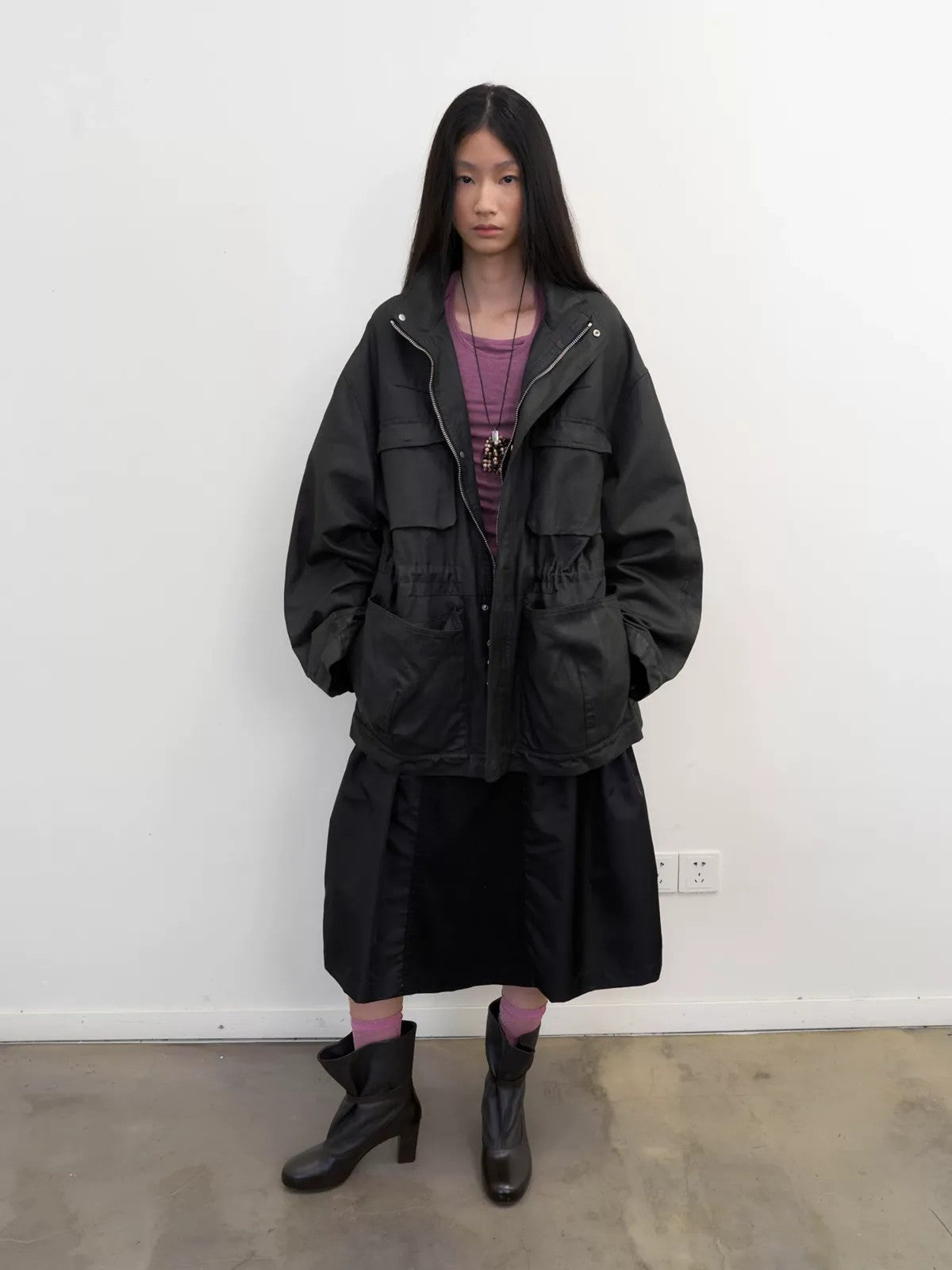 NeverSeez Spliced Neck Lyocell Blend Top in Gray - On Model