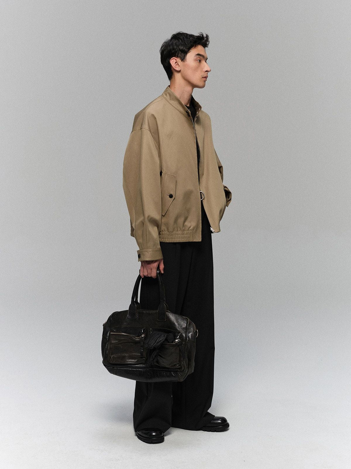 NANS Menswear Reversible Plaid Harrington Jacket in Beige - On Model