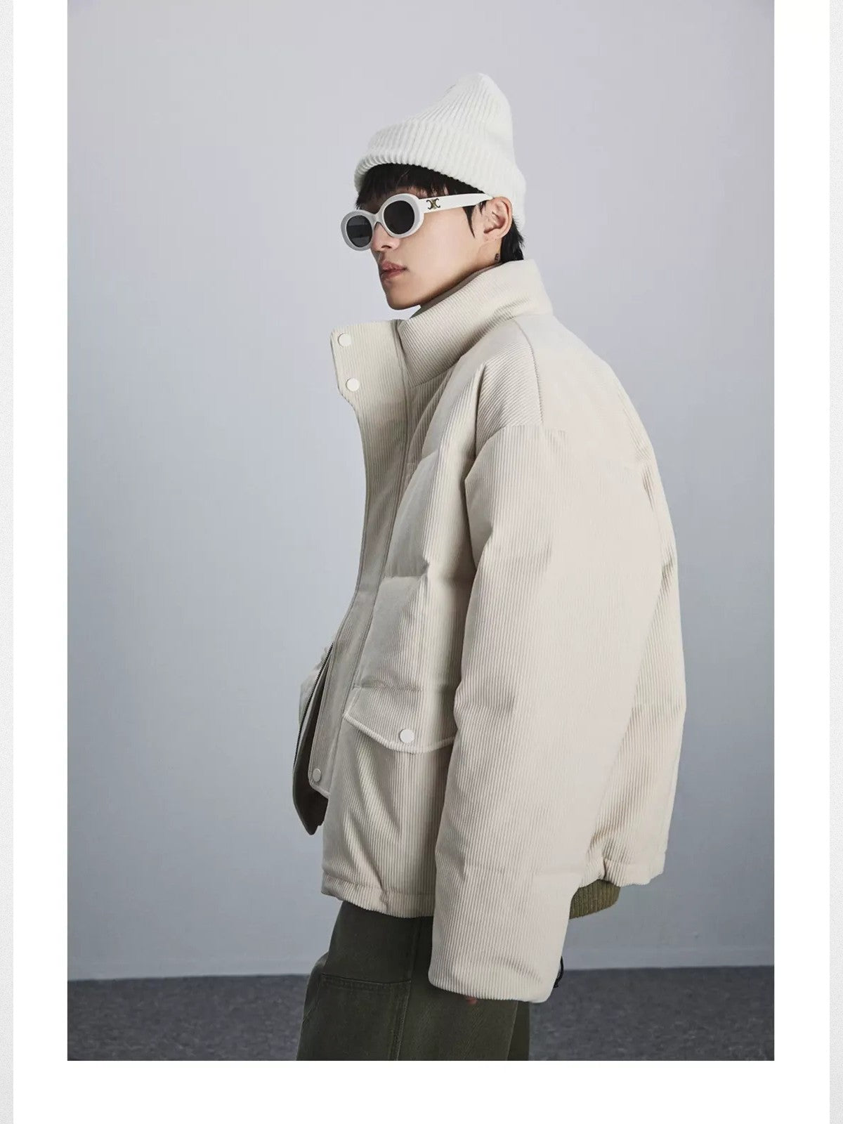 NANS Corduroy Down Puffer Jacket in White - On Model