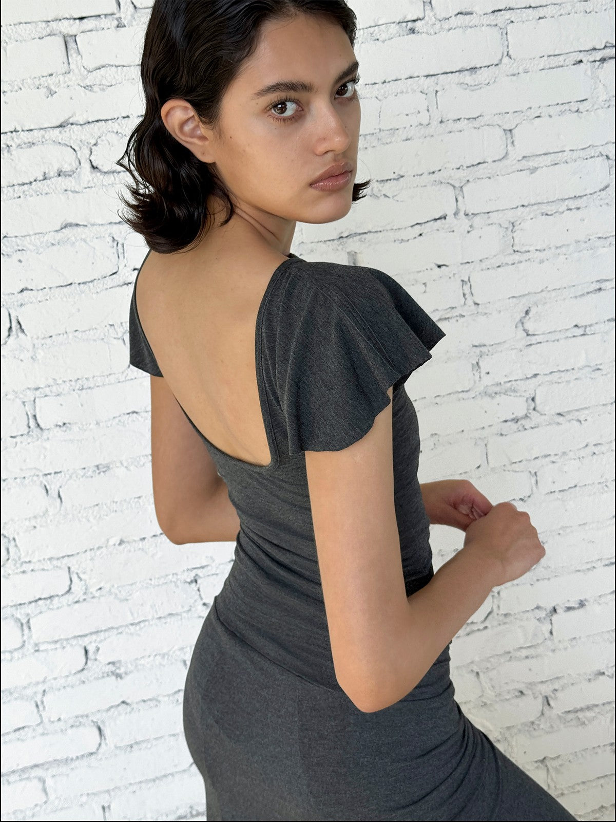 FaxCopyExpress Flutter Sleeve Open Back Top in Gray - On Model