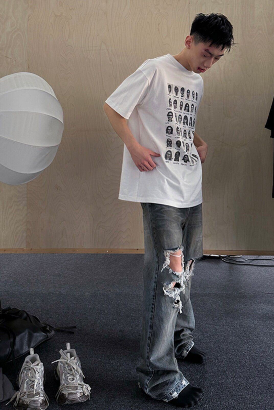 TRIANGLE PROJECT Distressed Dirty Wash Micro Flare Jeans in Denim - On Model